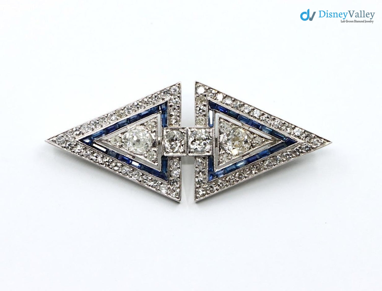 Art Deco dual triangle white Diamond and blue bu Brooch Pin