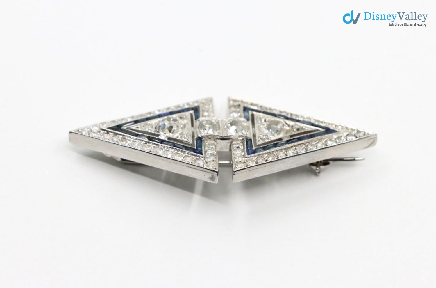 Art Deco dual triangle white Diamond and blue bu Brooch Pin