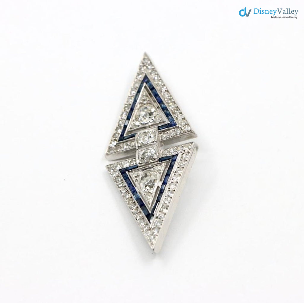 Art Deco dual triangle white Diamond and blue bu Brooch Pin
