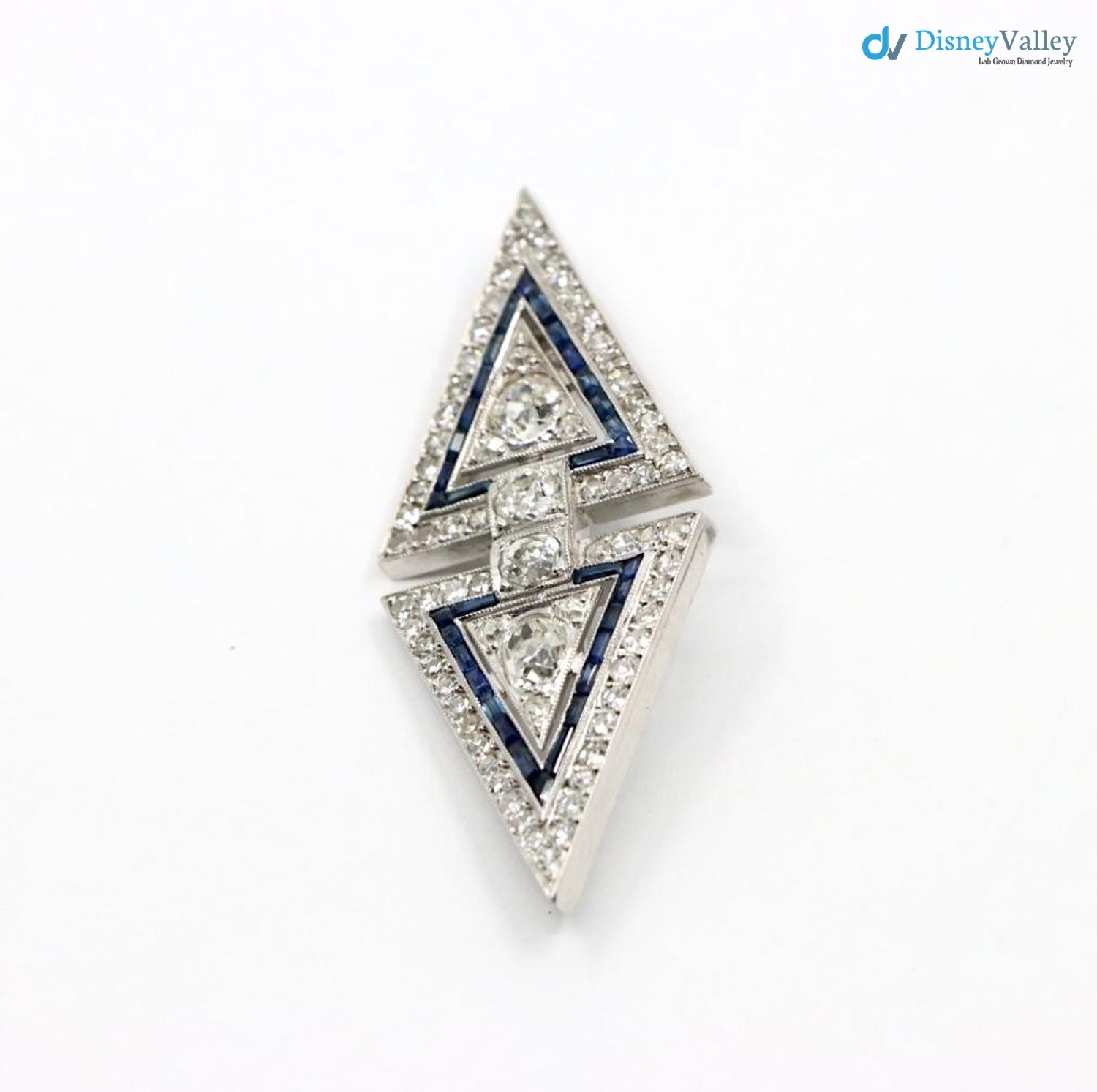 Art Deco dual triangle white Diamond and blue bu Brooch Pin
