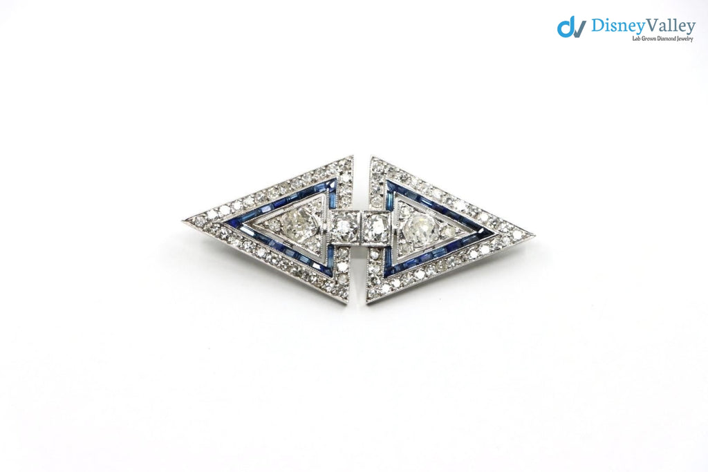 Art Deco dual triangle white Diamond and blue bu Brooch Pin