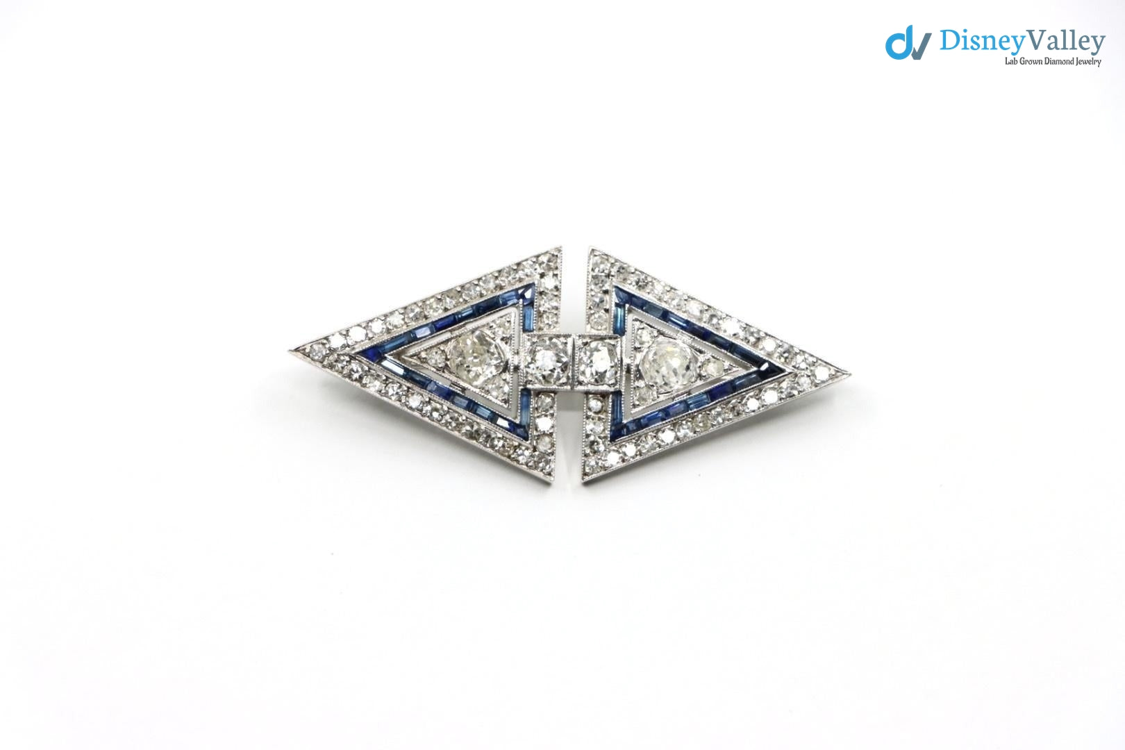 Art Deco dual triangle white Diamond and blue bu Brooch Pin