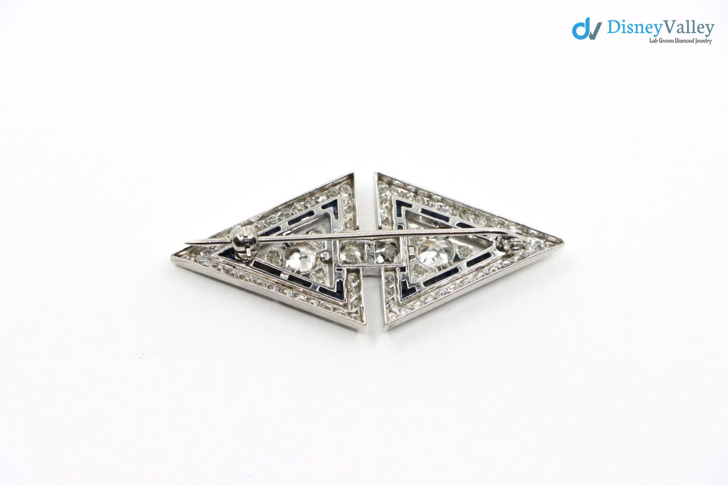 Art Deco dual triangle white Diamond and blue bu Brooch Pin