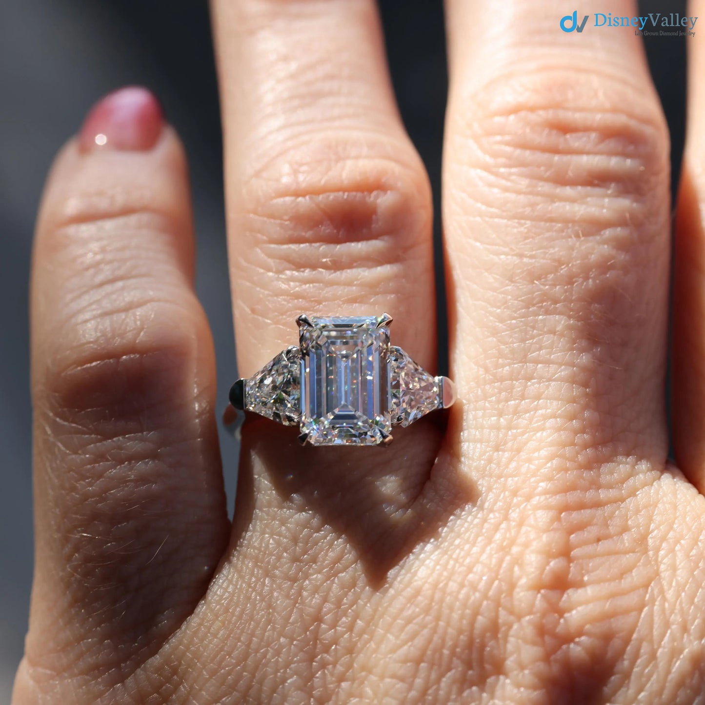 Emerald Cut Three Stone Engagement Ring Calf Cut Side Stones ring - DisneyValley 