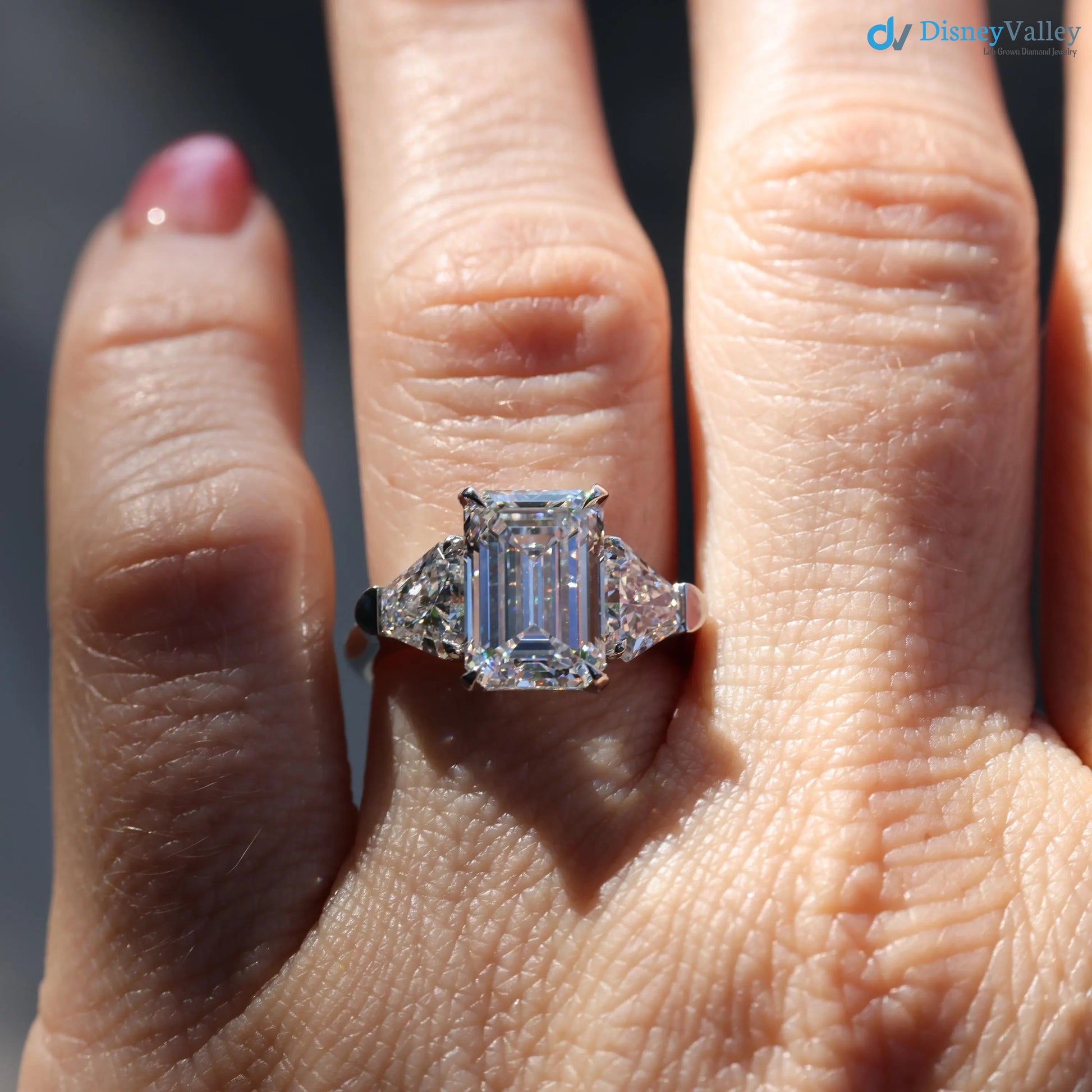 Emerald Cut Three Stone Engagement Ring Calf Cut Side Stones ring - DisneyValley 