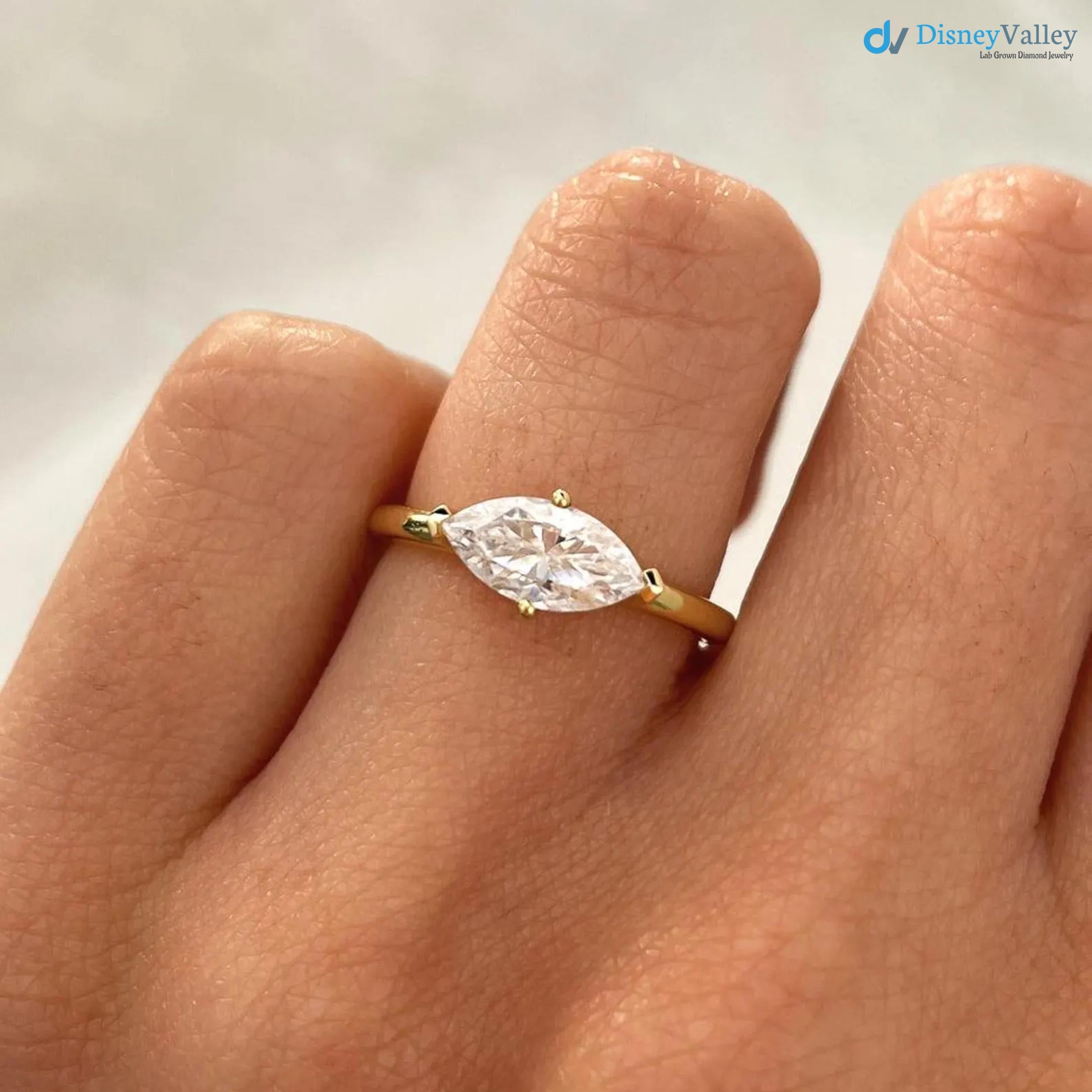 Marquise Cut East To West Set Lab Grown Diamond Solitaire Ring - DisneyValley 