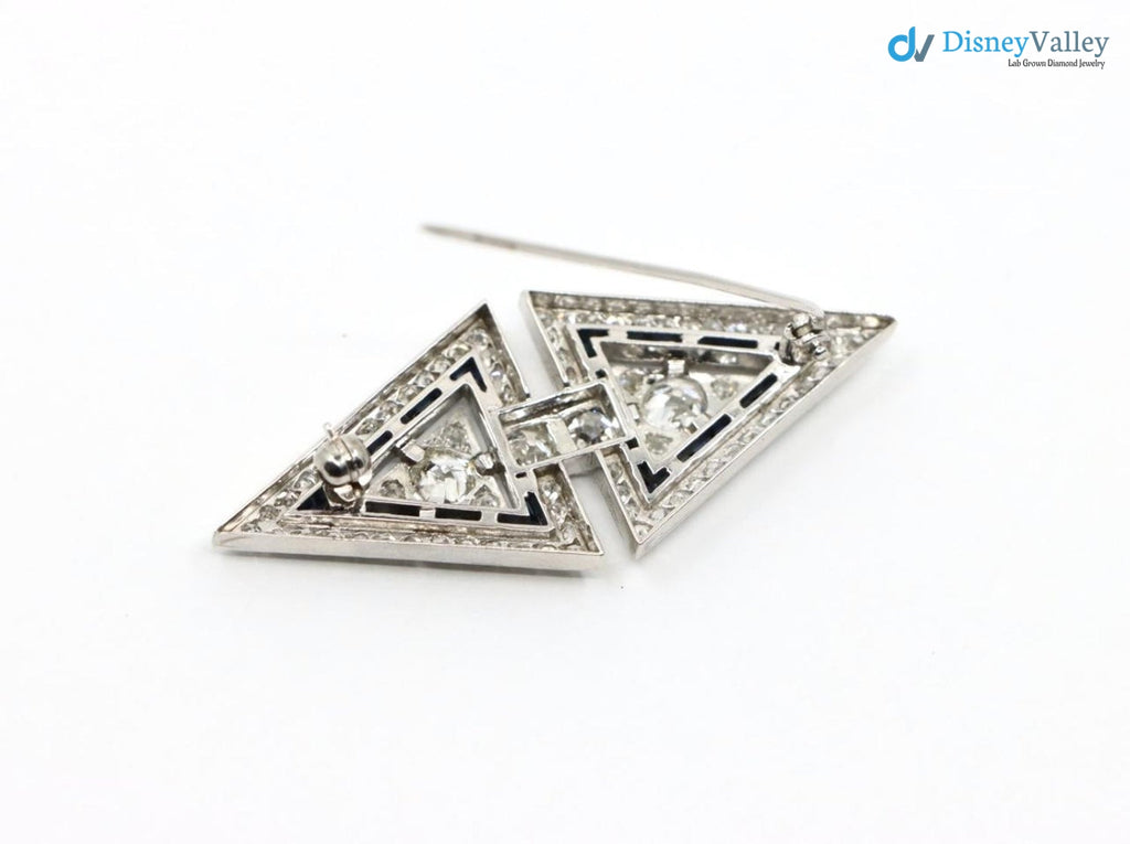 Art Deco dual triangle white Diamond and blue bu Brooch Pin