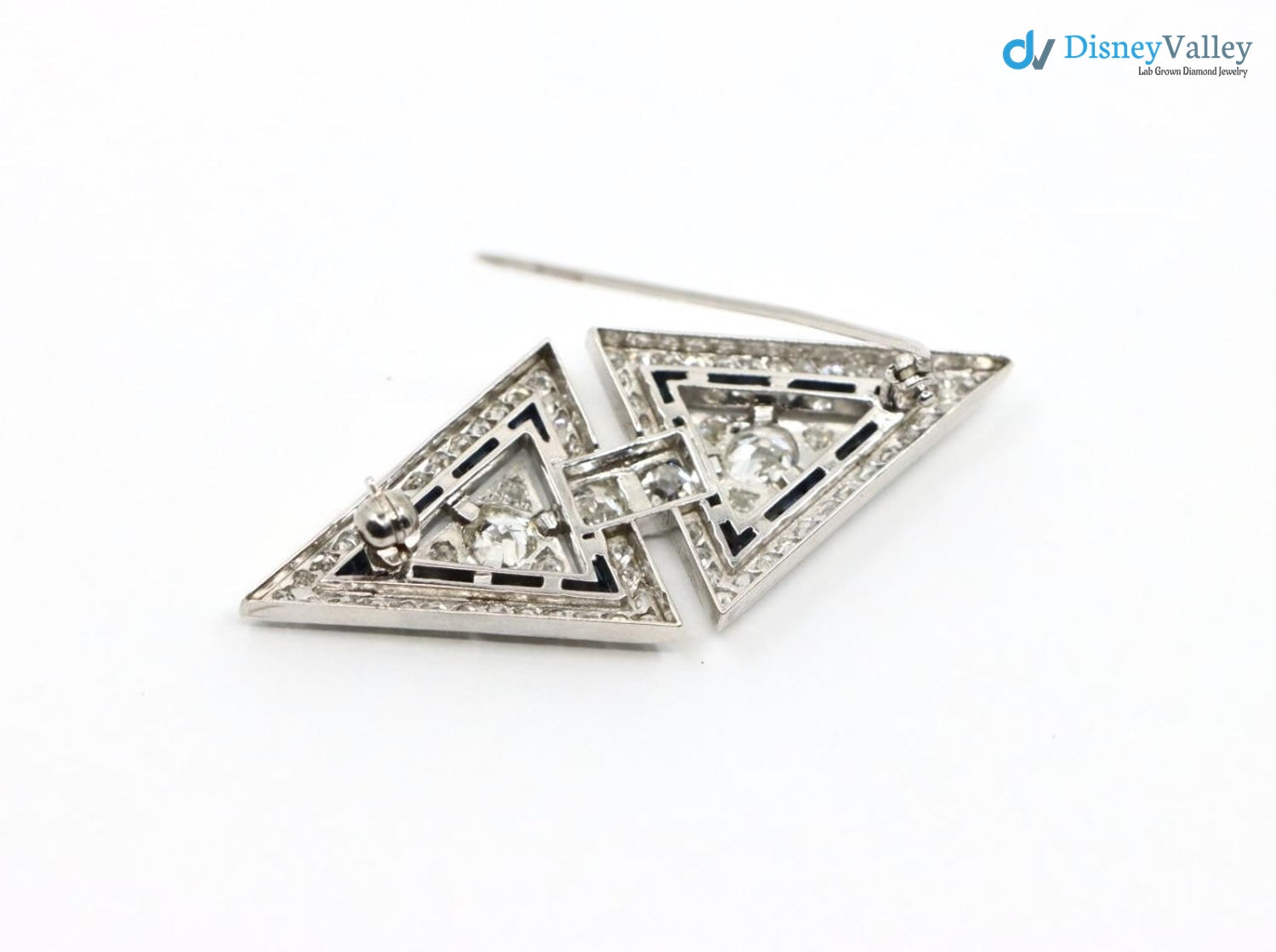 Art Deco dual triangle white Diamond and blue bu Brooch Pin