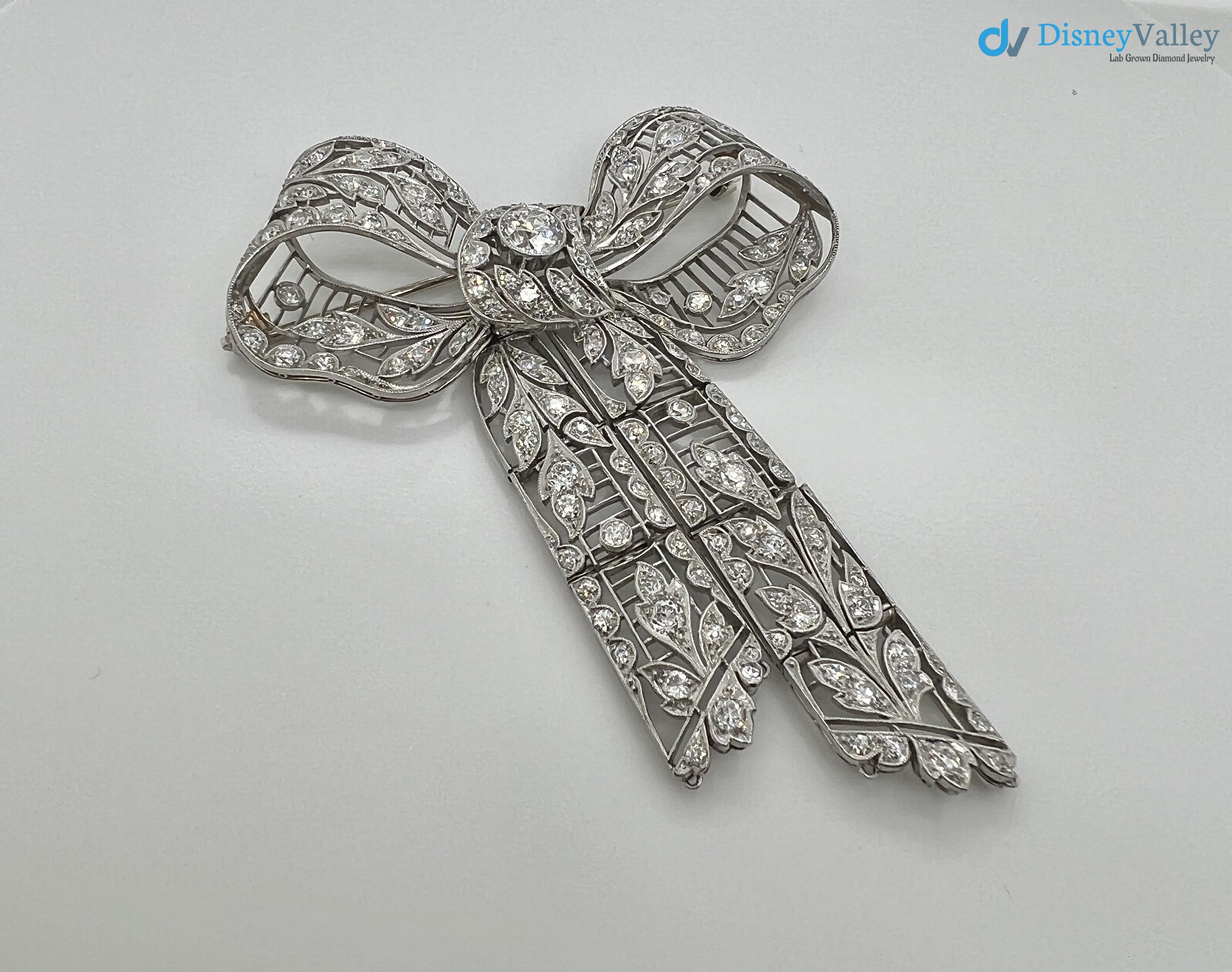 Vintage leaves with bow pin round diamond moissanite brooch