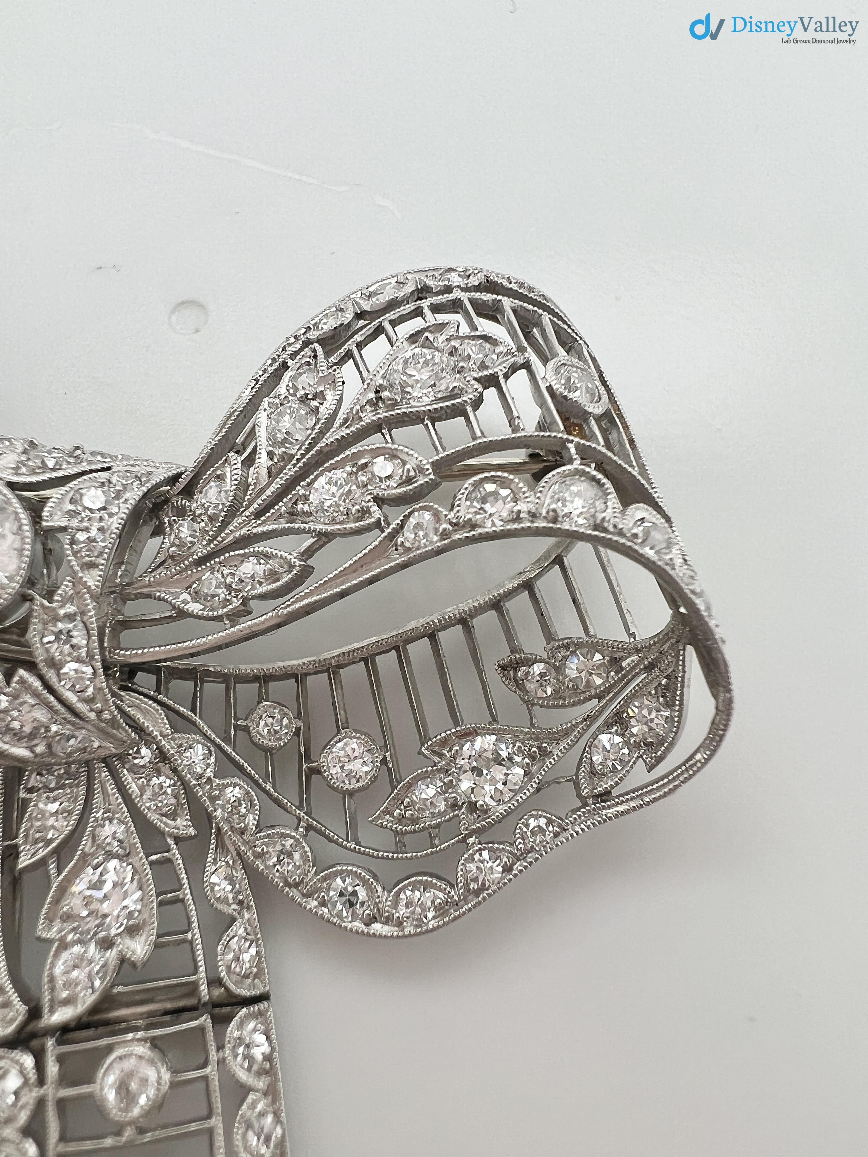 Vintage leaves with bow pin round diamond moissanite brooch
