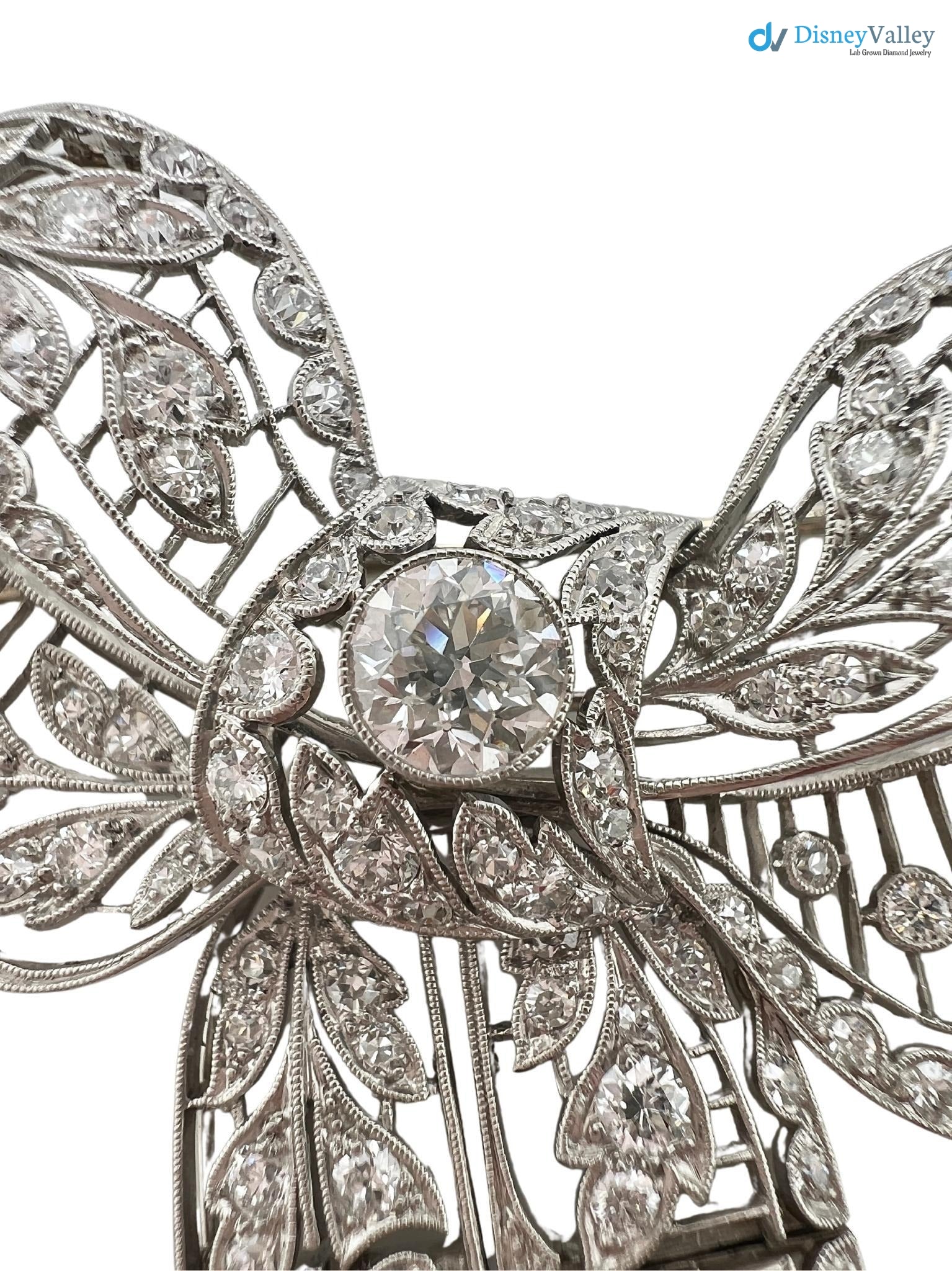 Vintage leaves with bow pin round diamond moissanite brooch