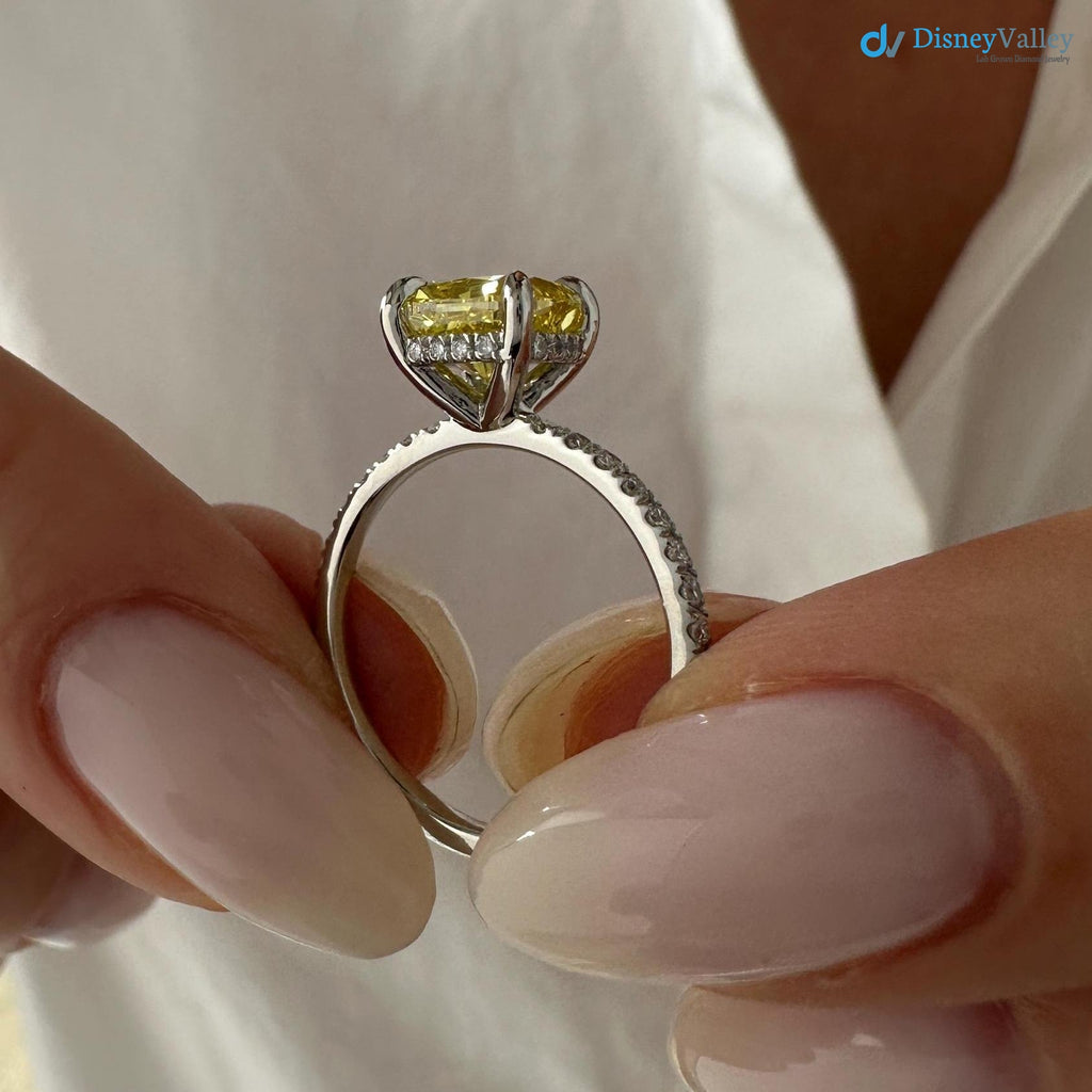 2 Carat Cushion Fancy Yellow Lab Grown Diamond Engagement Ring - DisneyValley 