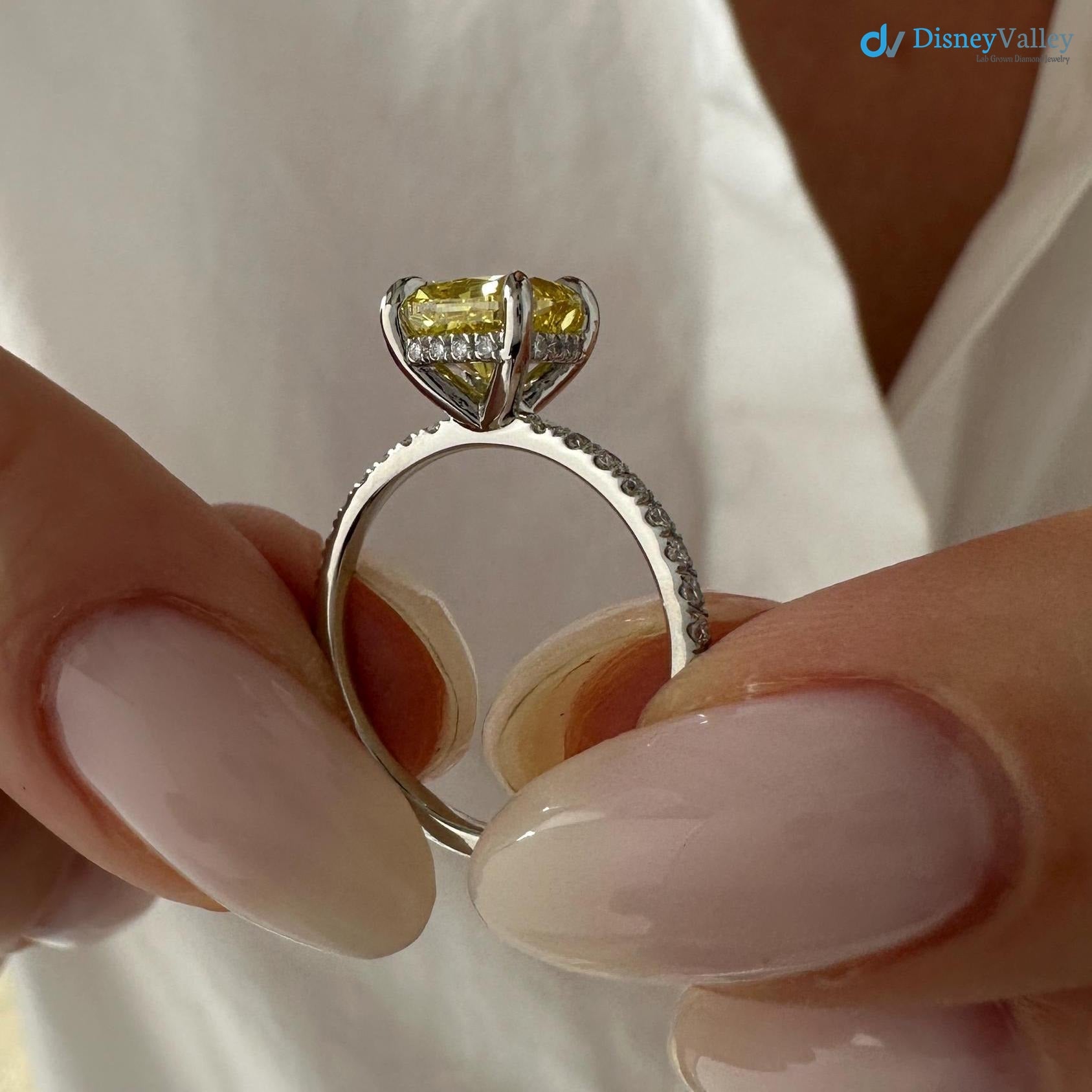 2 Carat Cushion Fancy Yellow Lab Grown Diamond Engagement Ring - DisneyValley 