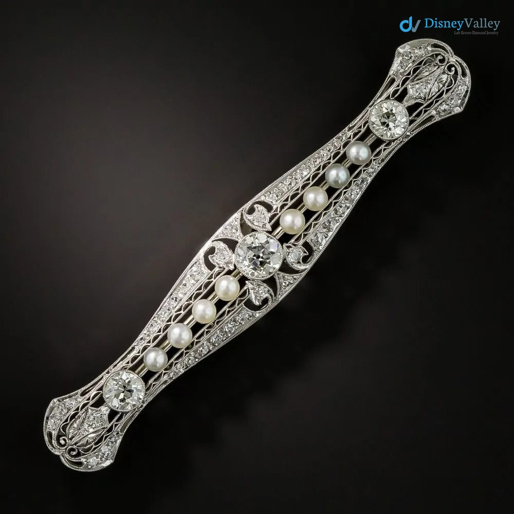 Art Deco Diamond and Pearl Filigree Bar Pin silver brooch