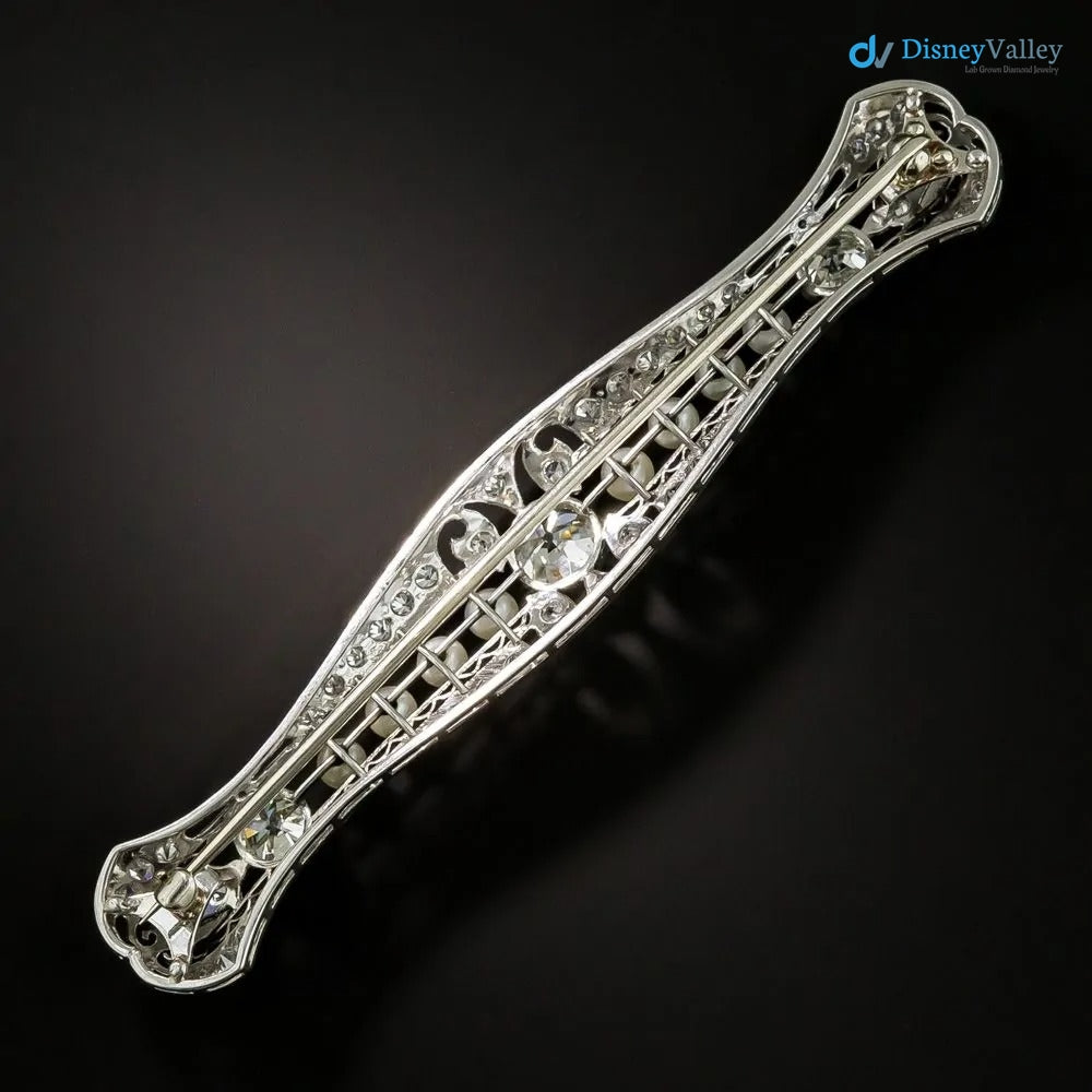 Art Deco Diamond and Pearl Filigree Bar Pin silver brooch