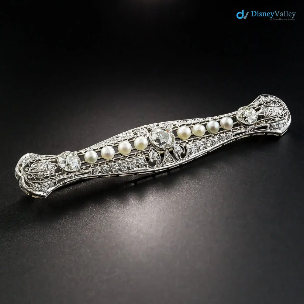 Art Deco Diamond and Pearl Filigree Bar Pin silver brooch