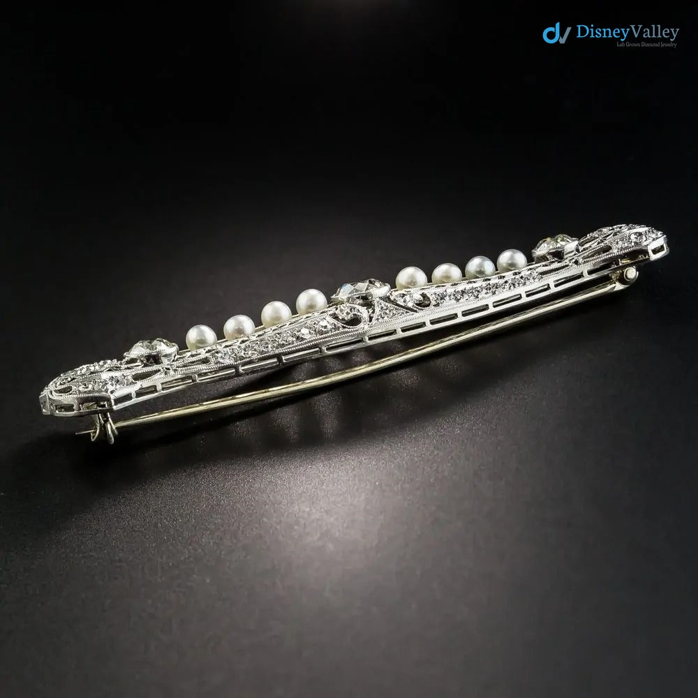 Art Deco Diamond and Pearl Filigree Bar Pin silver brooch