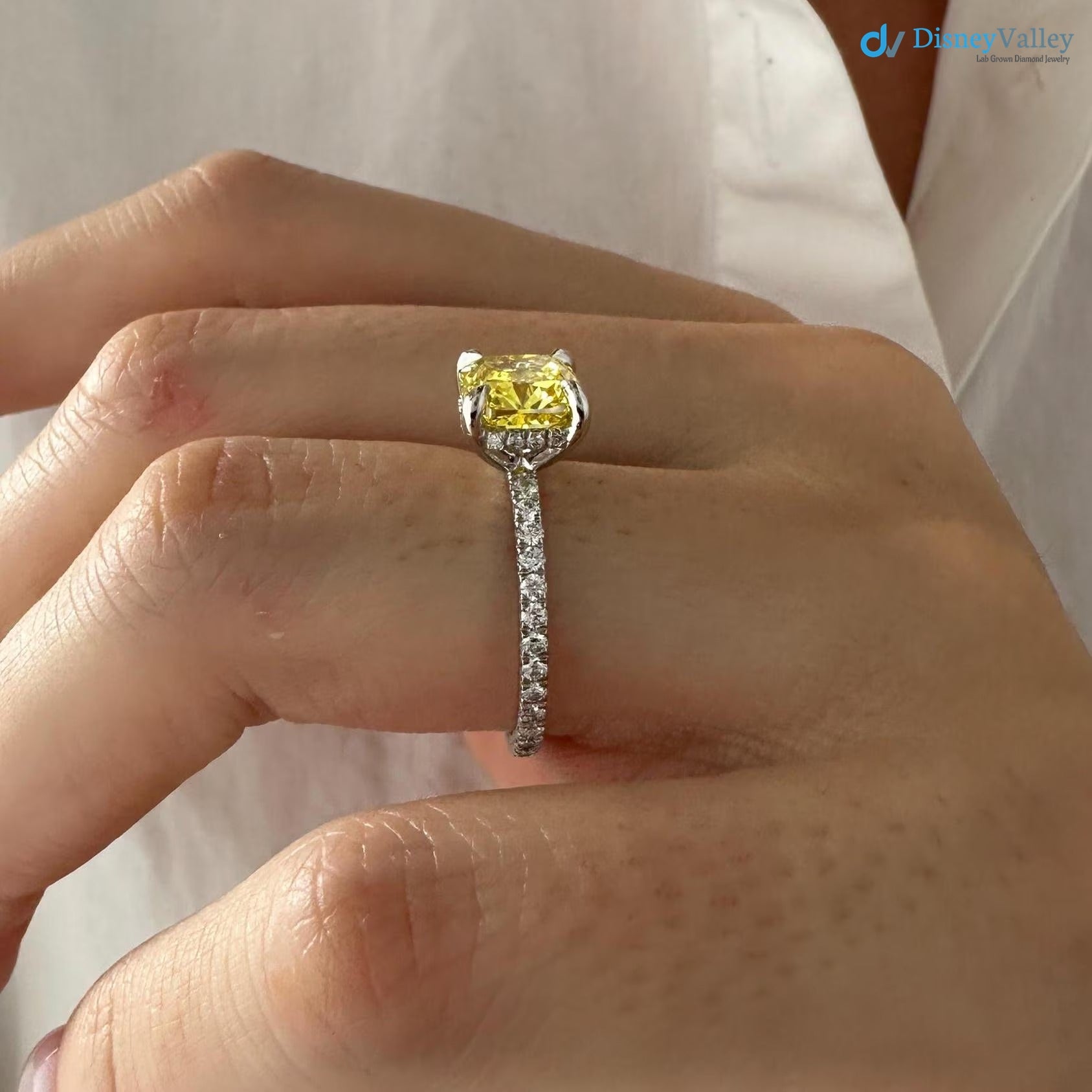 2 Carat Cushion Fancy Yellow Lab Grown Diamond Engagement Ring - DisneyValley 