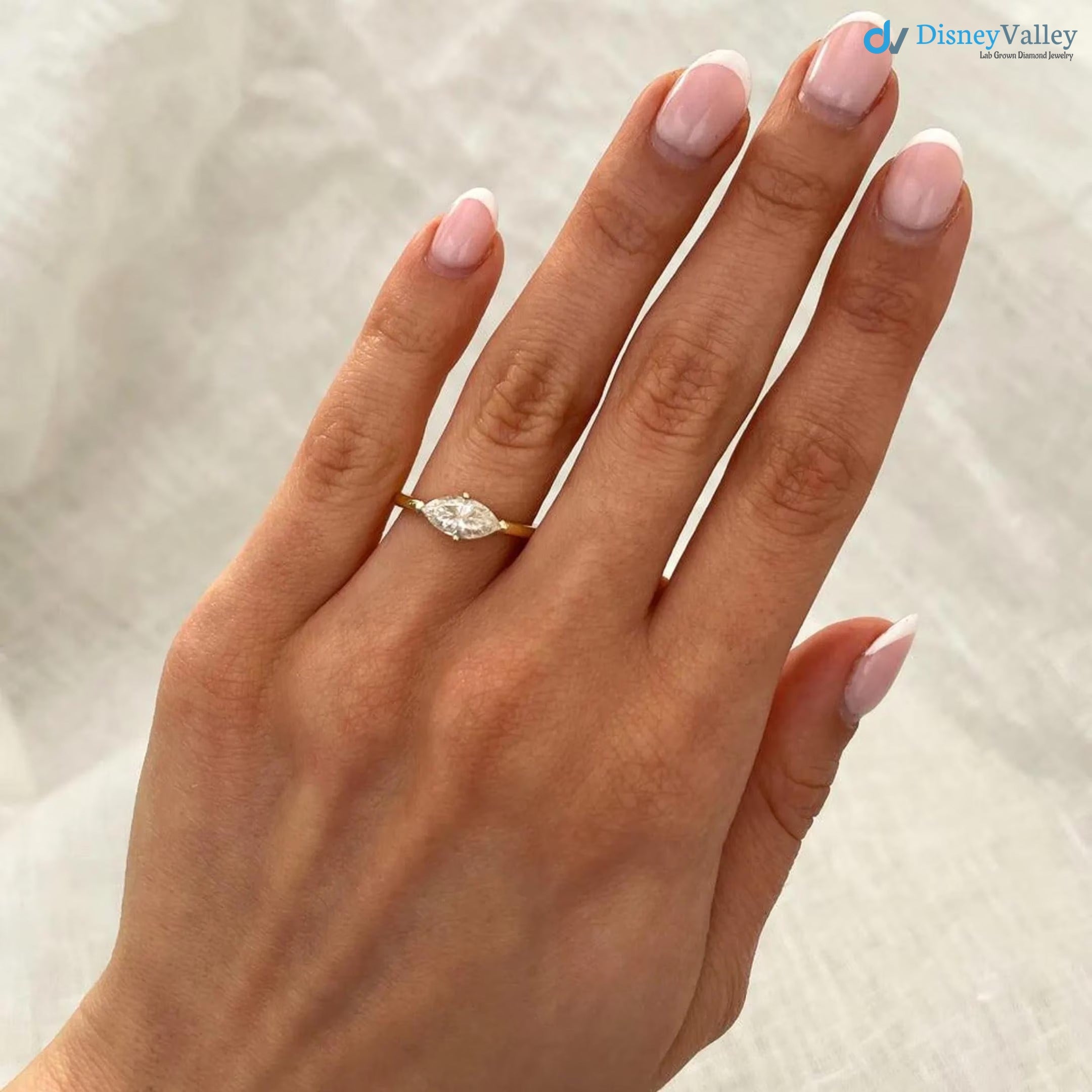 Marquise Cut East To West Set Lab Grown Diamond Solitaire Ring - DisneyValley 