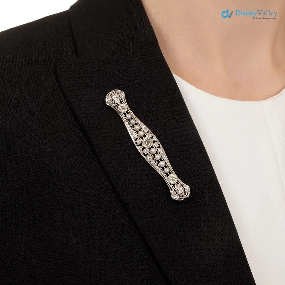 Art Deco Diamond and Pearl Filigree Bar Pin silver brooch