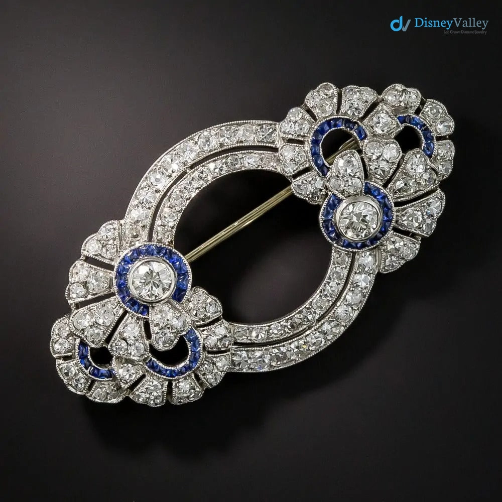 French Art Deco Diamond and Sapphire* Floral Circles Brooch
