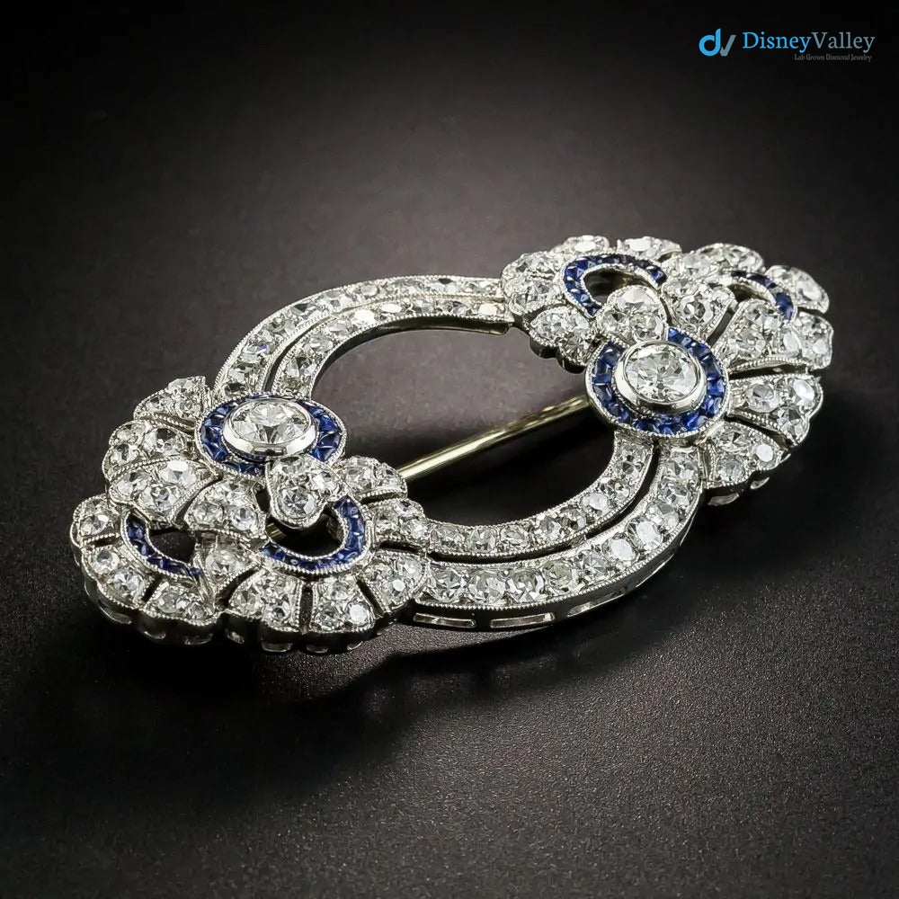 French Art Deco Diamond and Sapphire* Floral Circles Brooch