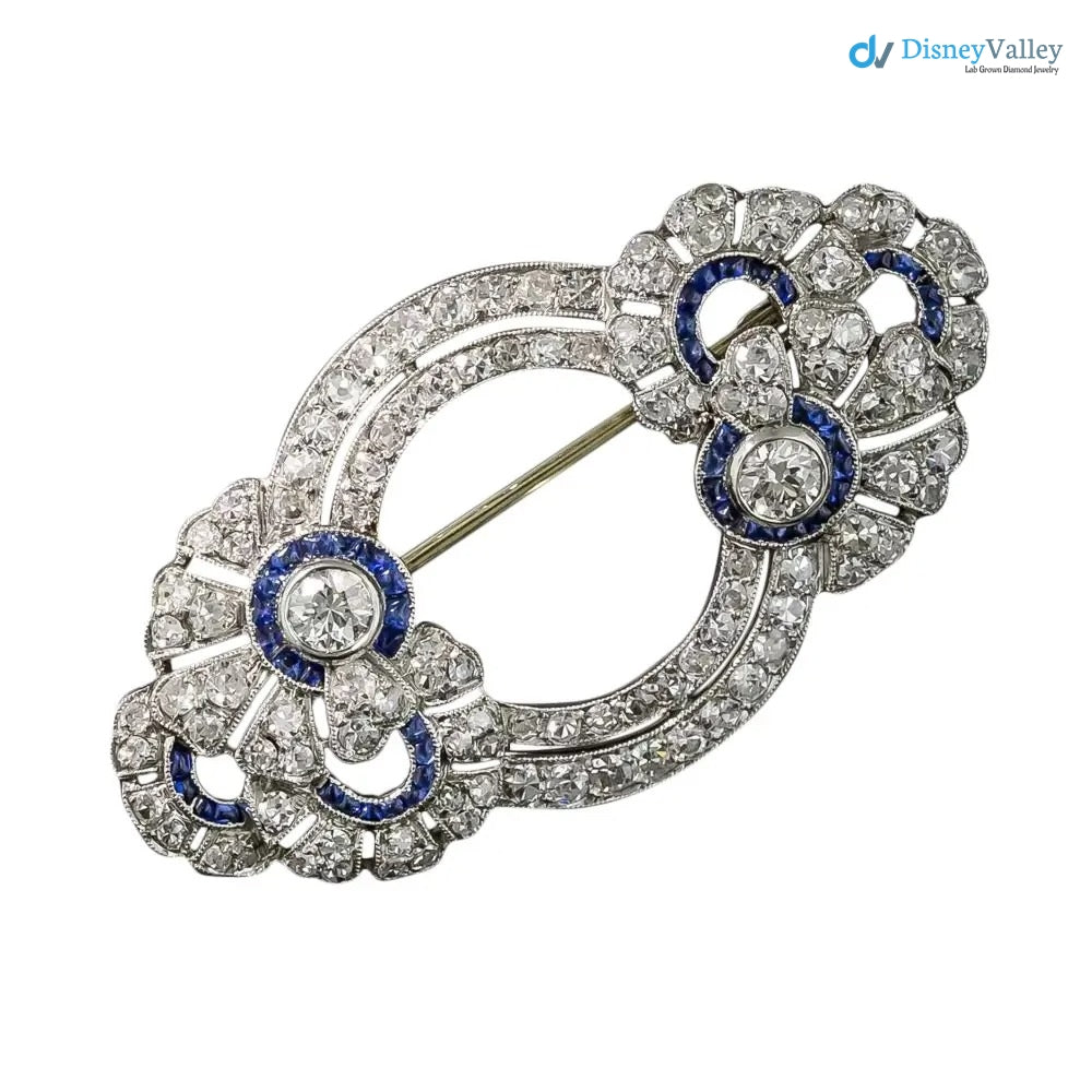 French Art Deco Diamond and Sapphire* Floral Circles Brooch