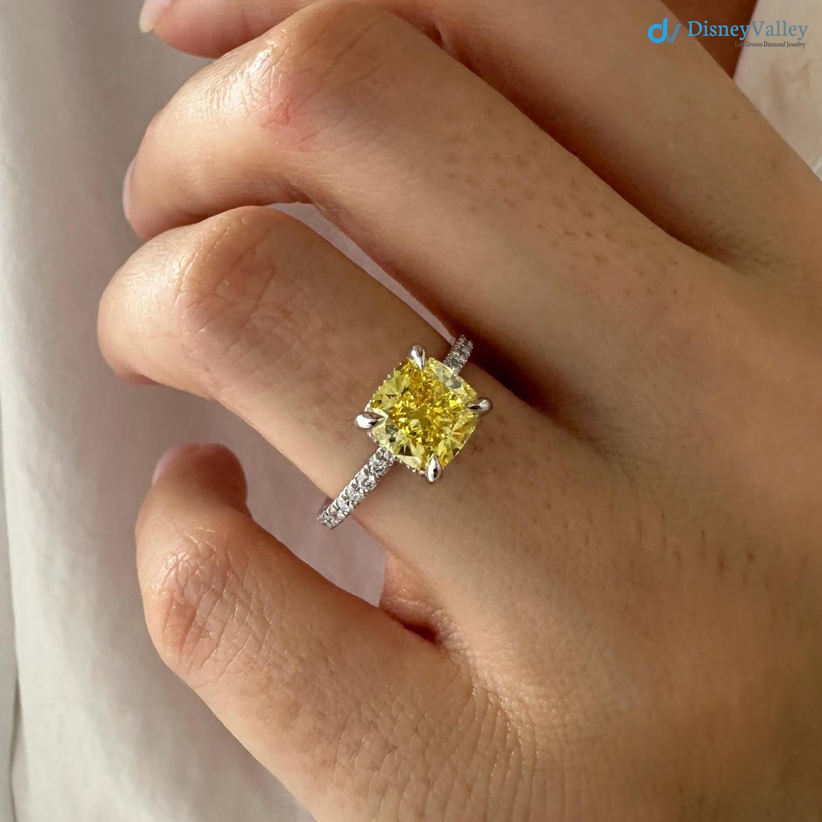 2 Carat Cushion Fancy Yellow Lab Grown Diamond Engagement Ring - DisneyValley 