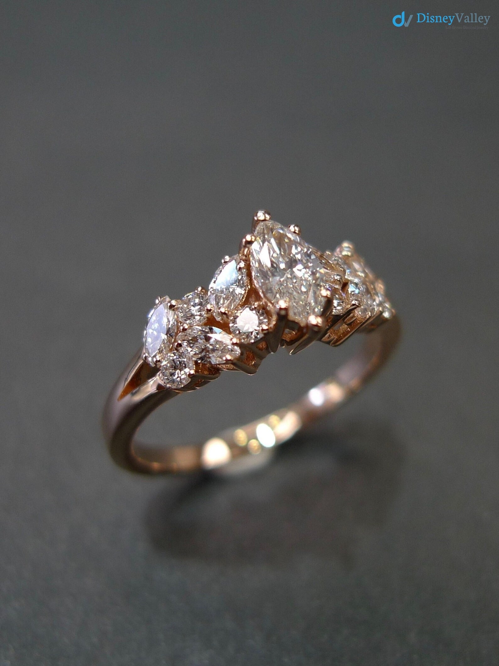 Marquise Diamond Unique Engagement Ring in Solid Rose Gold - DisneyValley  Main image