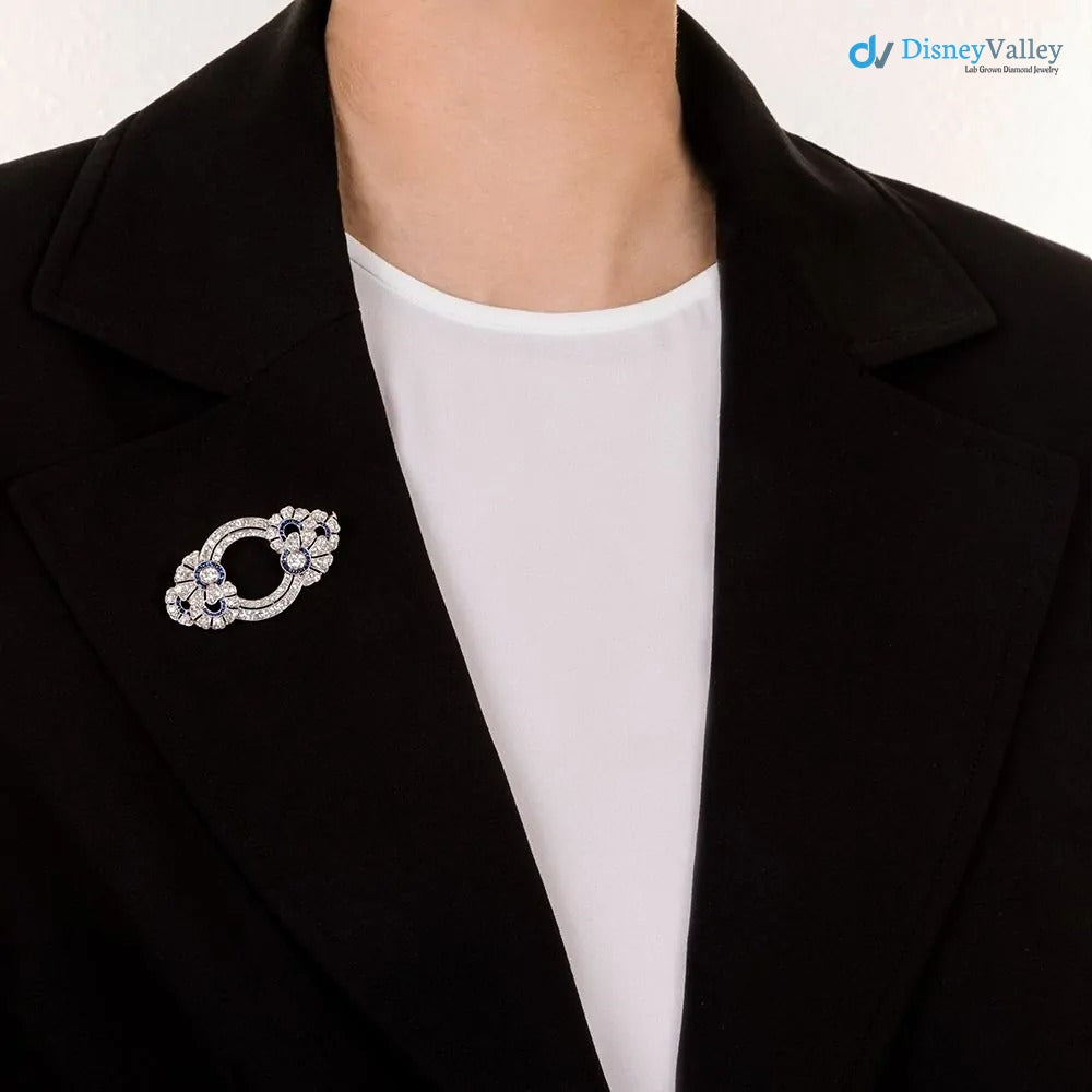 French Art Deco Diamond and Sapphire* Floral Circles Brooch