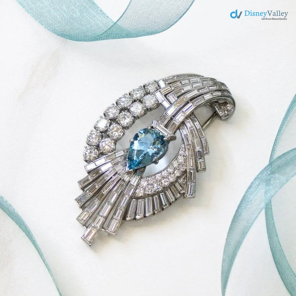 Mid-Century 6 Carat Total Weight Diamond and Aquamarine Spray Brooch Main image