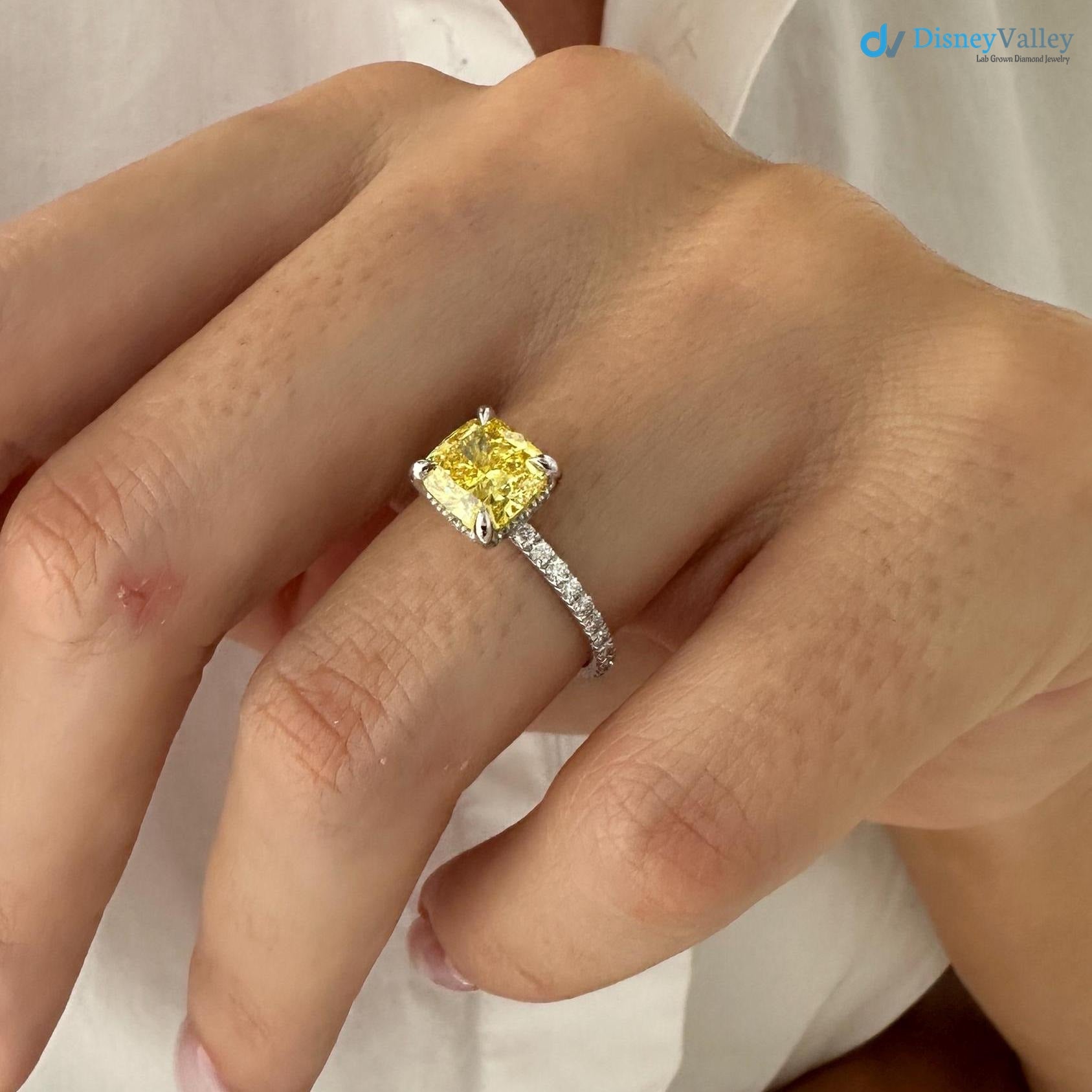2 Carat Cushion Fancy Yellow Lab Grown Diamond Engagement Ring - DisneyValley 