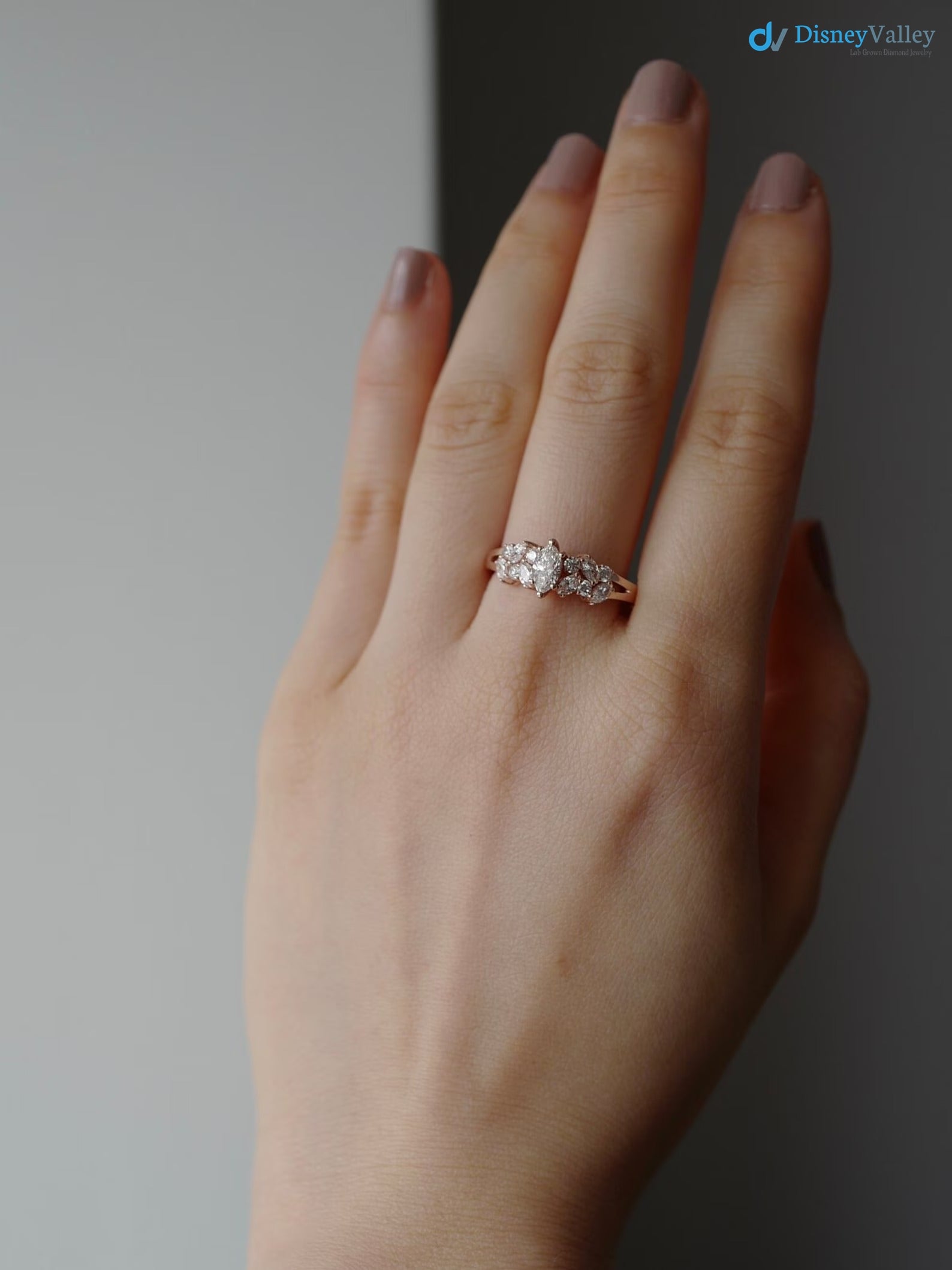 Marquise Diamond Unique Engagement Ring in Solid Rose Gold - DisneyValley 