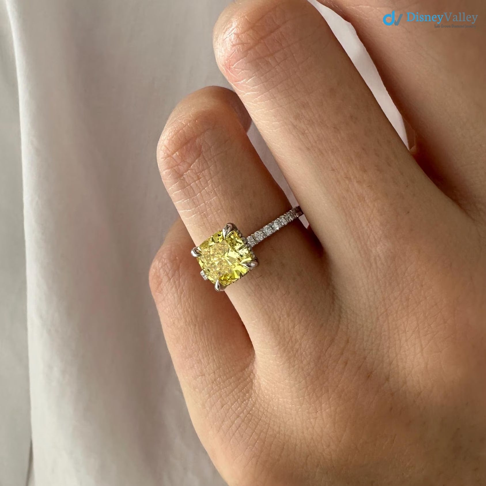 2 Carat Cushion Fancy Yellow Lab Grown Diamond Engagement Ring - DisneyValley 