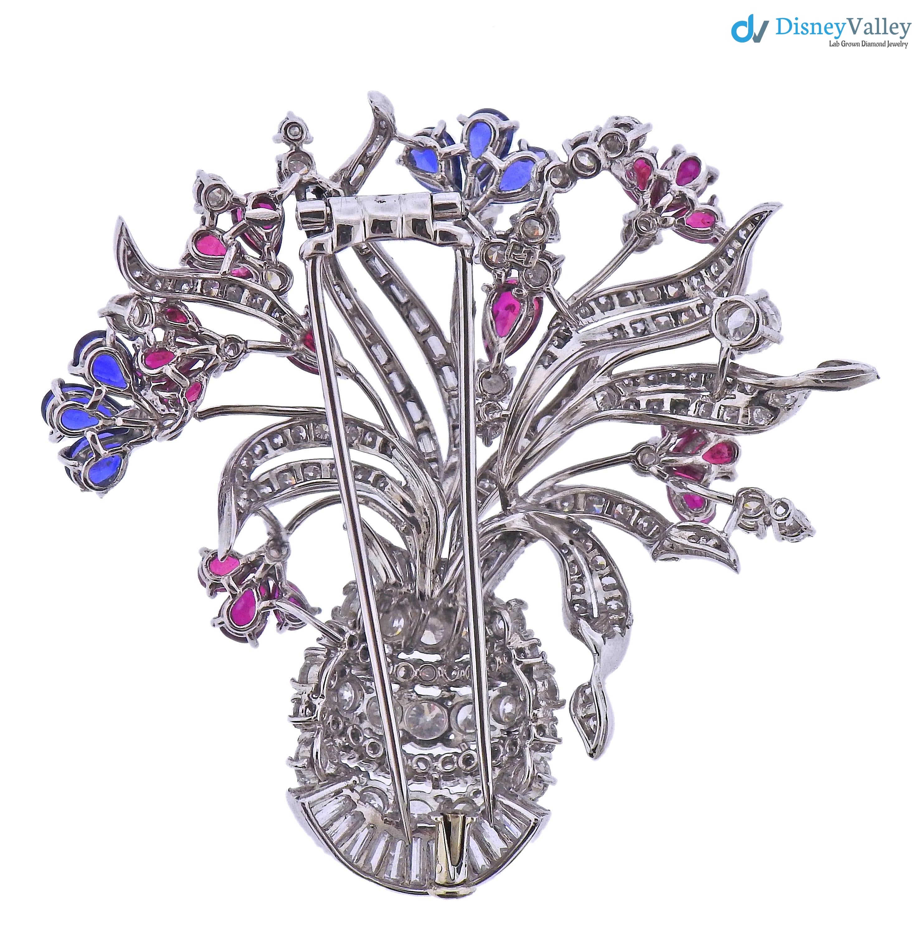 Vintage art deco Ruby Sapphire Diamond silver Flower Basket Brooch