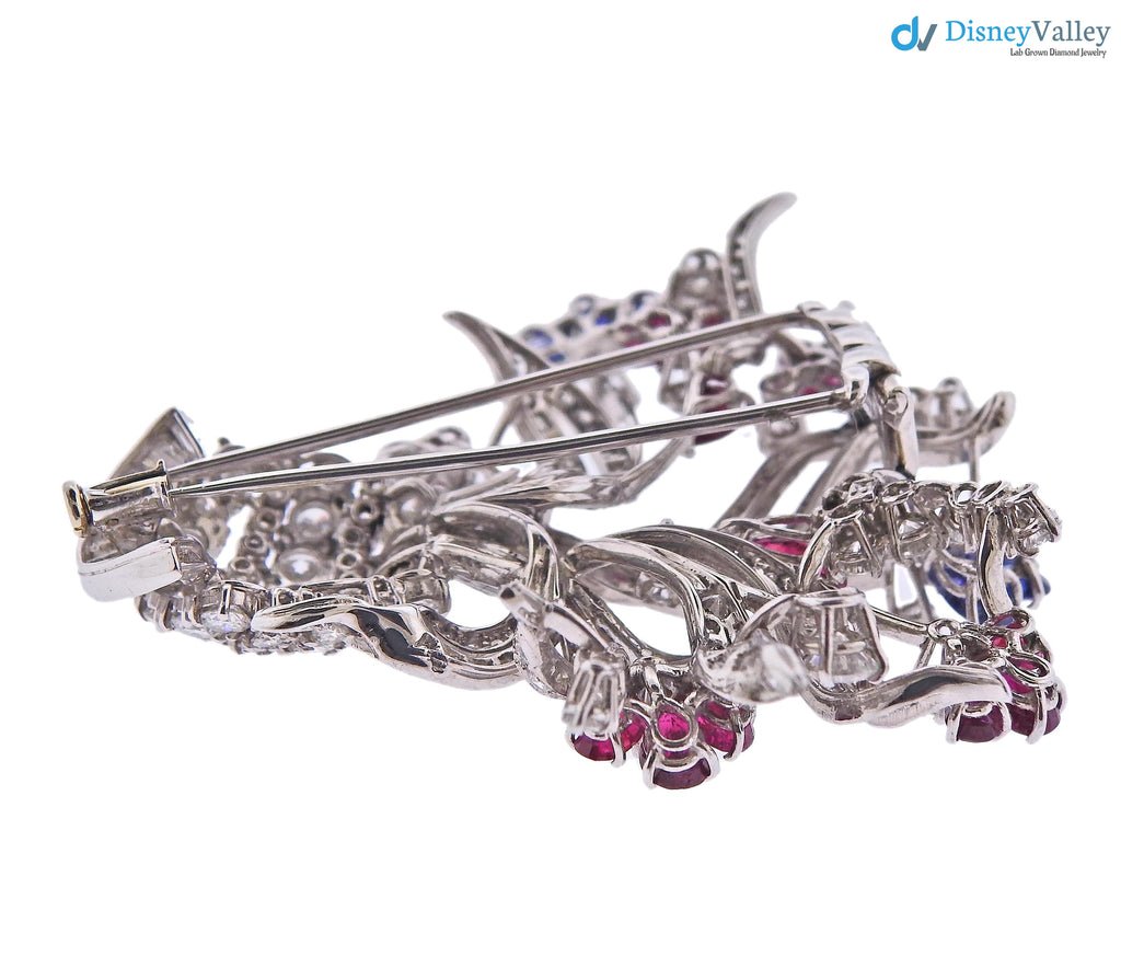 Vintage art deco Ruby Sapphire Diamond silver Flower Basket Brooch