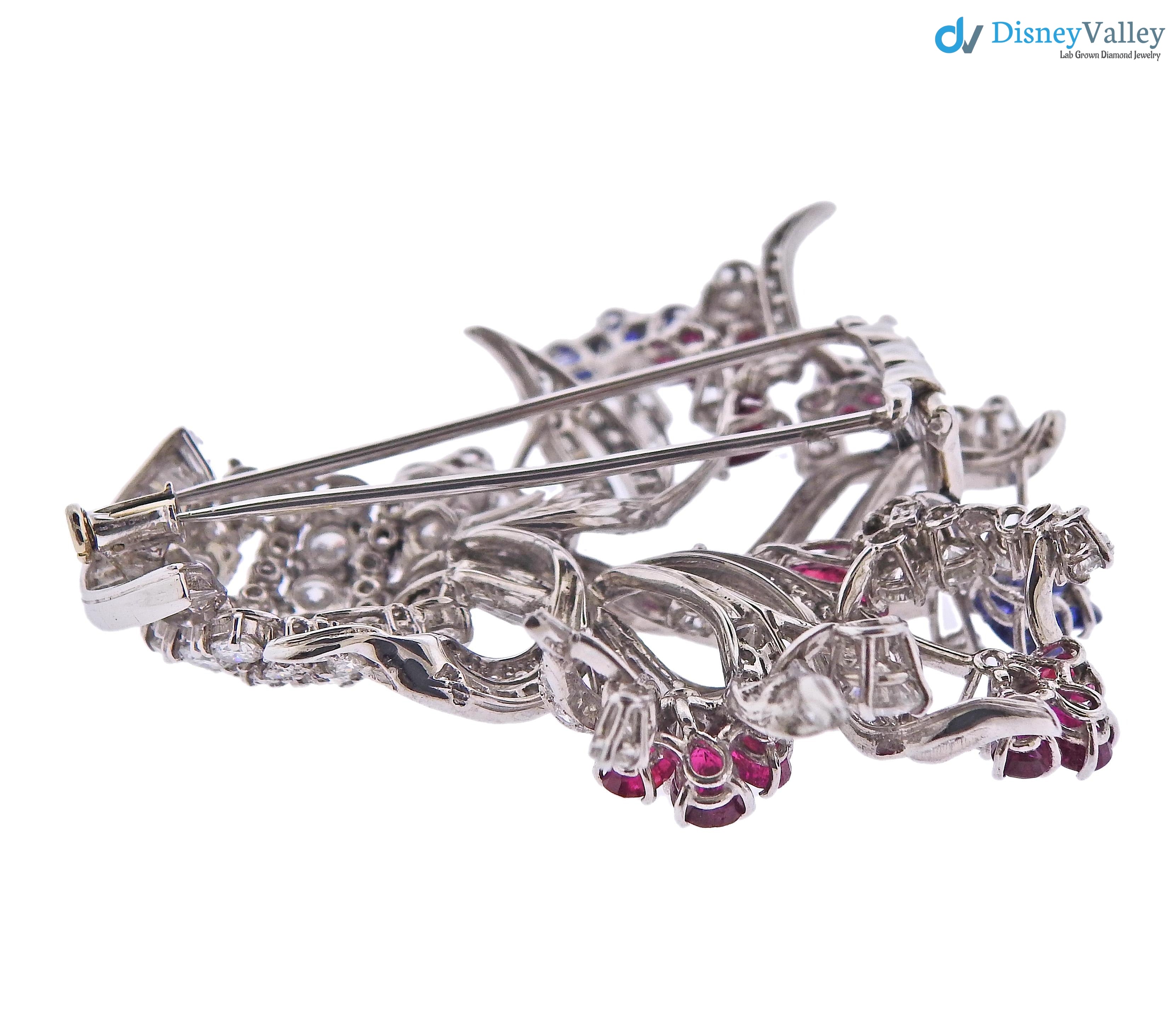 Vintage art deco Ruby Sapphire Diamond silver Flower Basket Brooch
