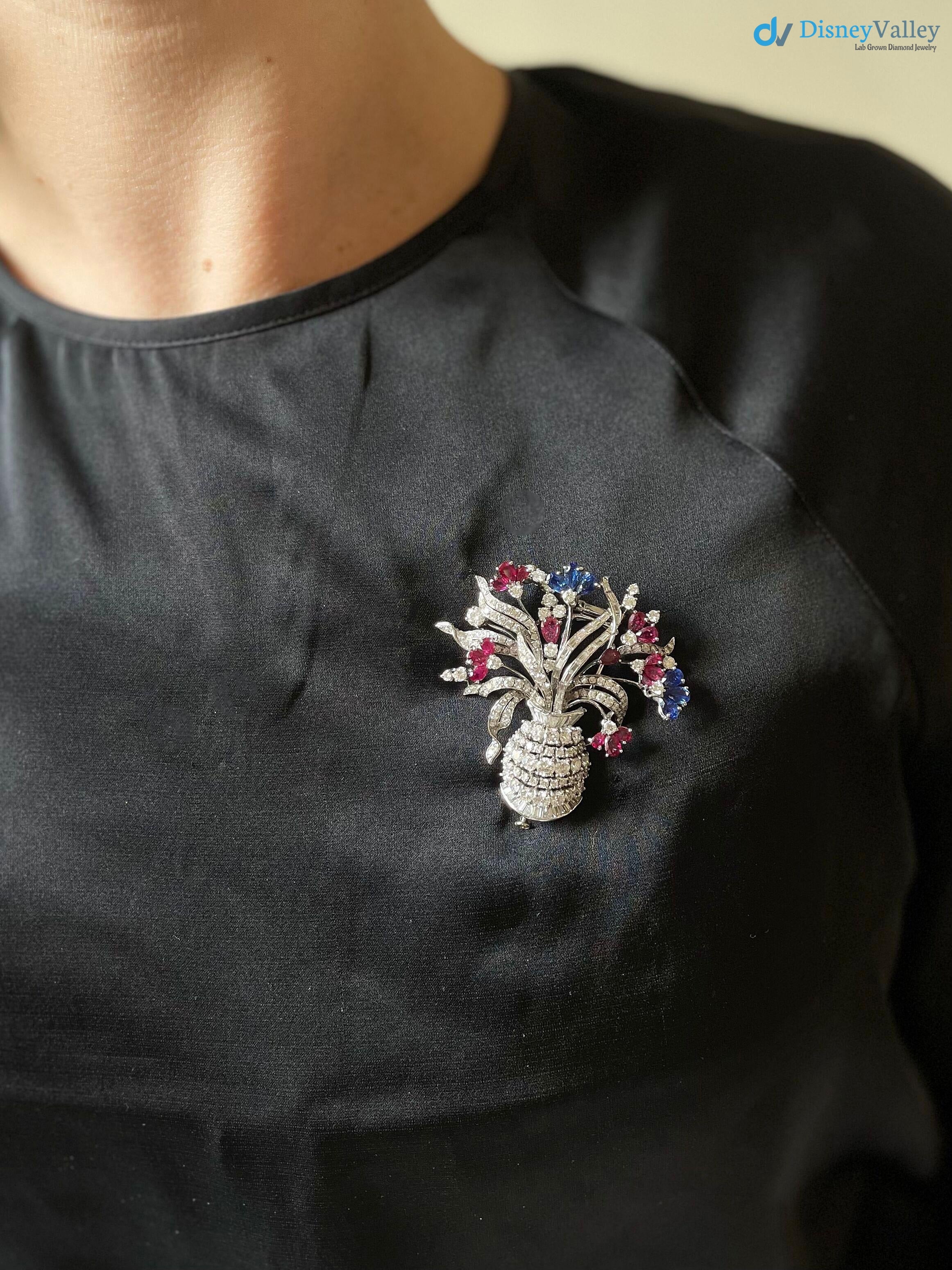 Vintage art deco Ruby Sapphire Diamond silver Flower Basket Brooch