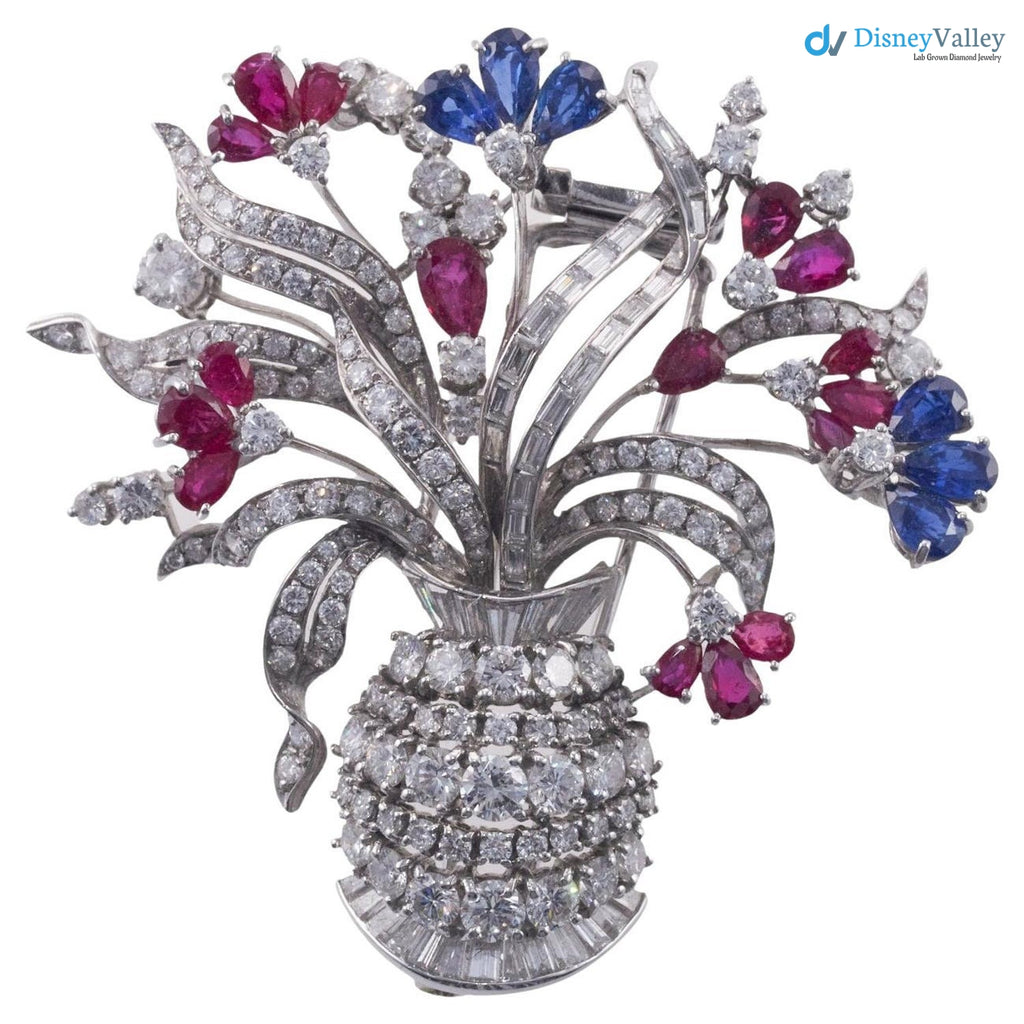 Vintage art deco Ruby Sapphire Diamond silver Flower Basket Brooch