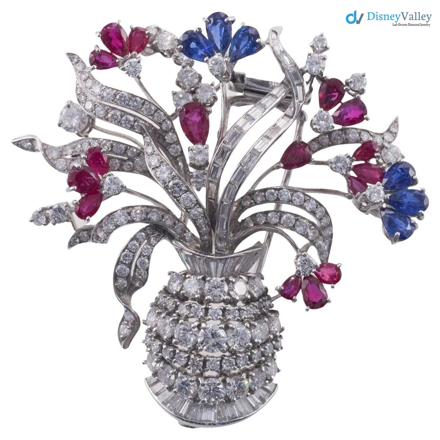 Vintage art deco Ruby Sapphire Diamond silver Flower Basket Brooch