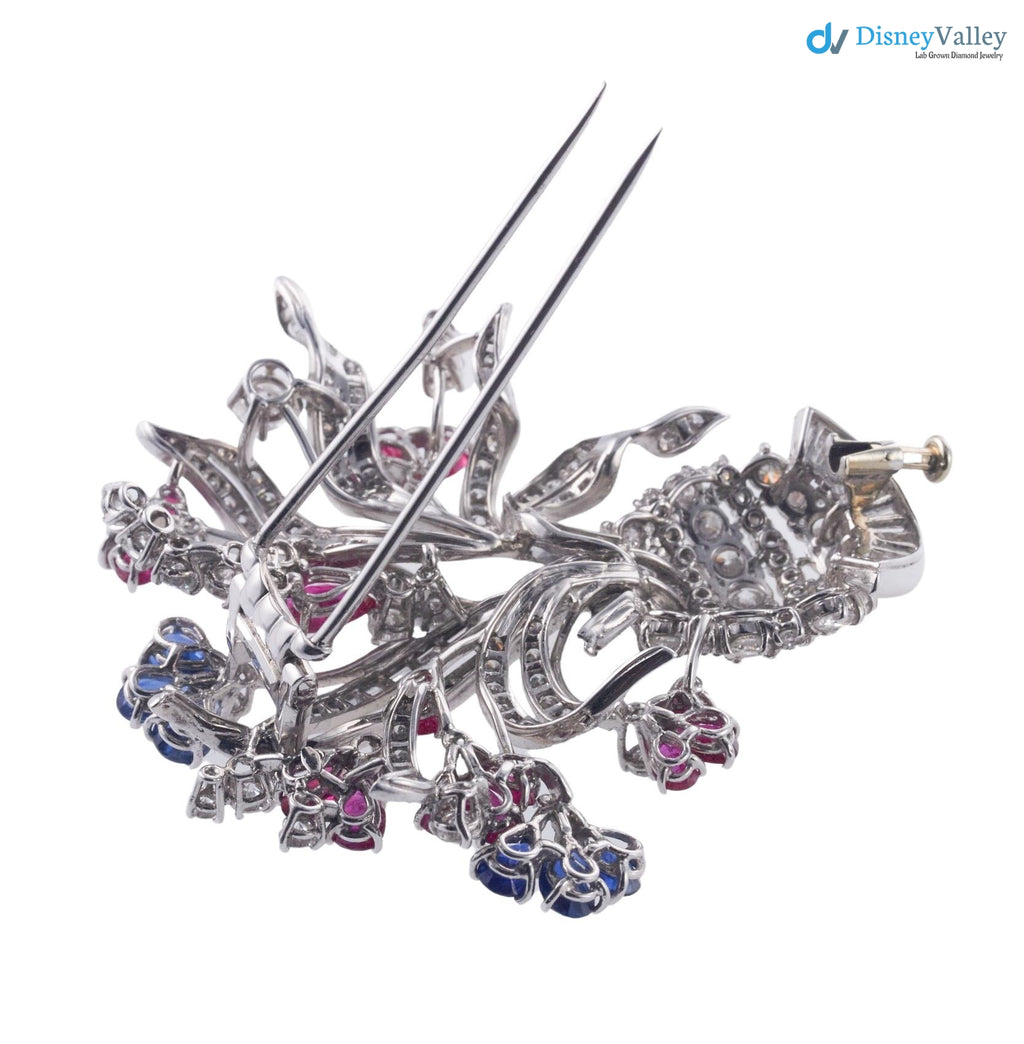 Vintage art deco Ruby Sapphire Diamond silver Flower Basket Brooch