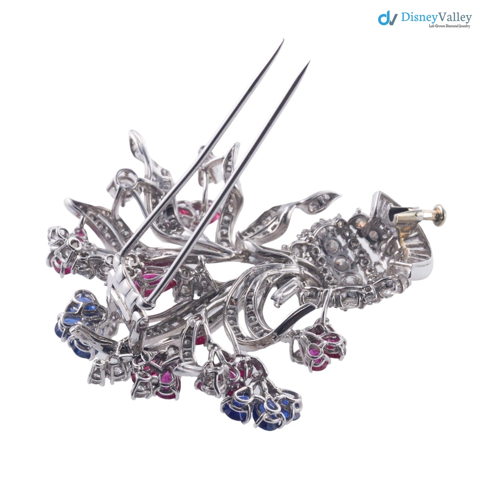Vintage art deco Ruby Sapphire Diamond silver Flower Basket Brooch