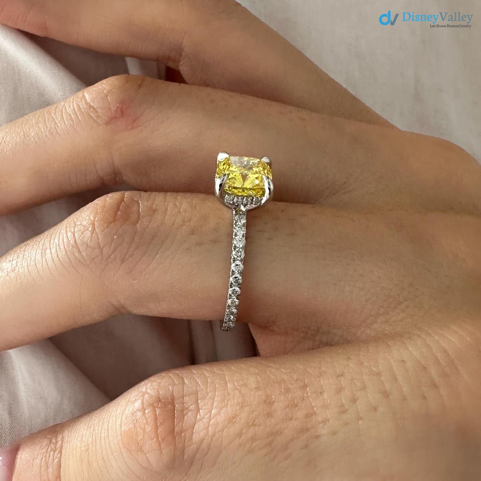 2 Carat Cushion Fancy Yellow Lab Grown Diamond Engagement Ring - DisneyValley 