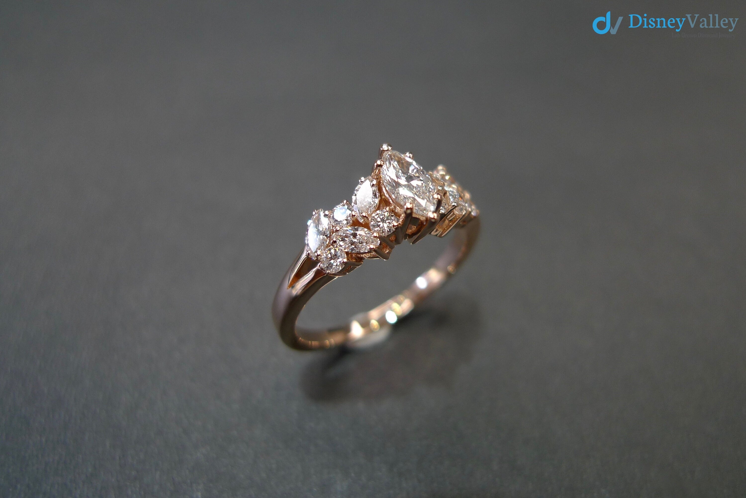 Marquise Diamond Unique Engagement Ring in Solid Rose Gold - DisneyValley 