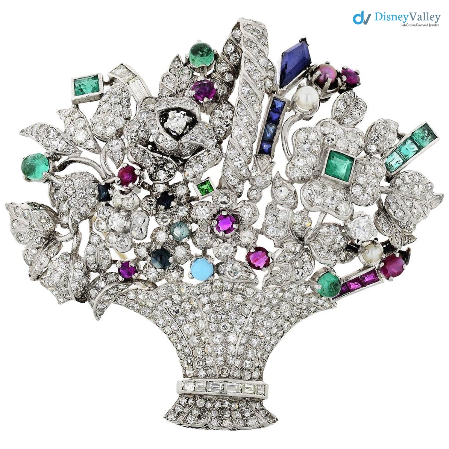 Edwardian flower basket with ruby and sapphire diamond brooch