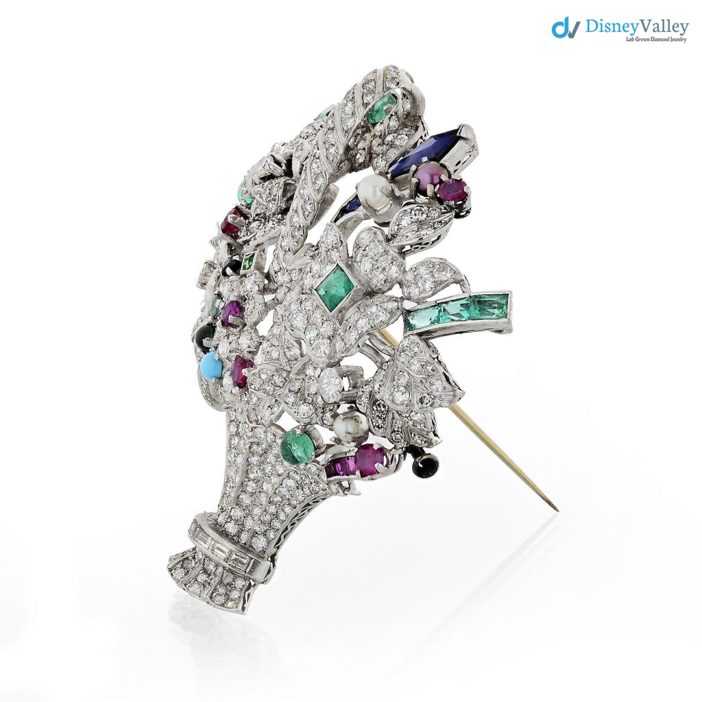 Edwardian flower basket with ruby and sapphire diamond brooch
