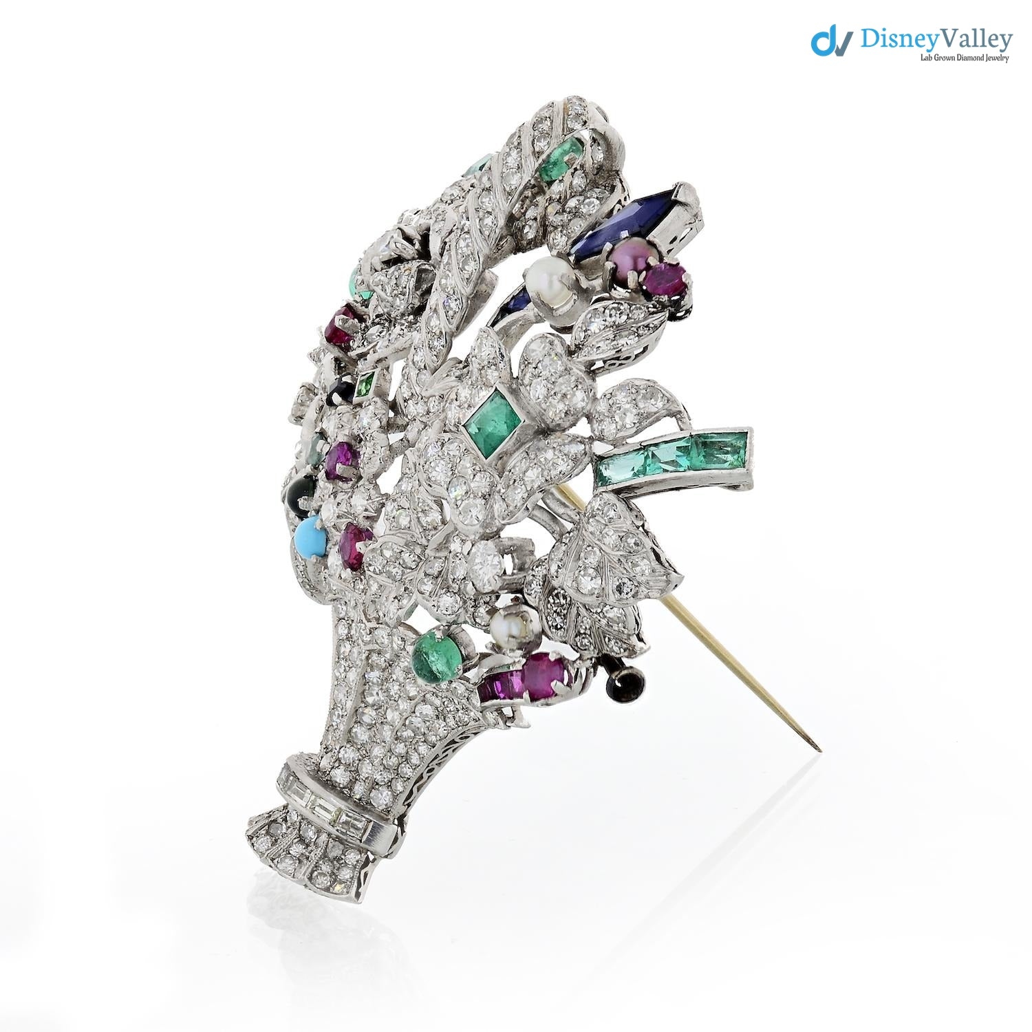 Edwardian flower basket with ruby and sapphire diamond brooch