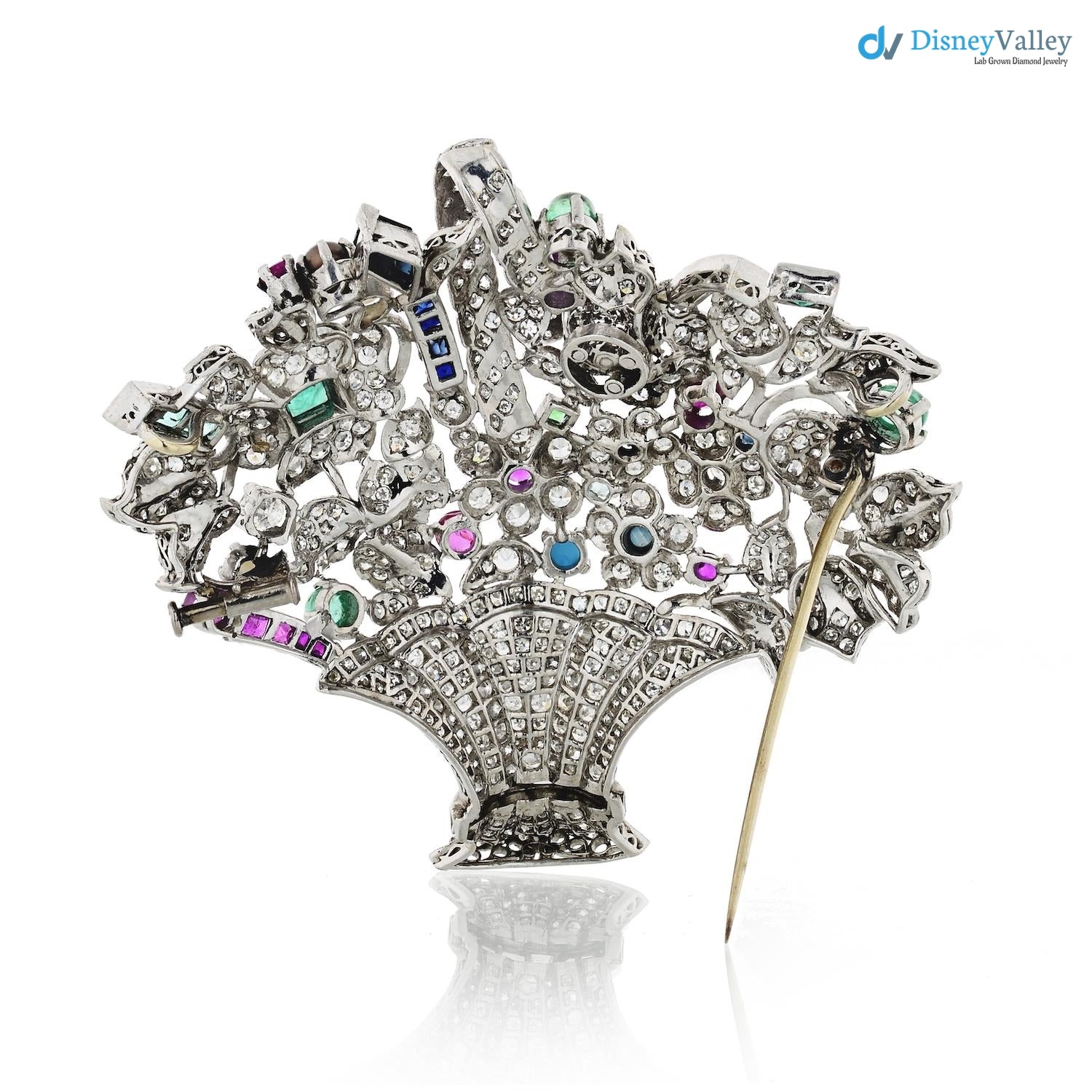 Edwardian flower basket with ruby and sapphire diamond brooch