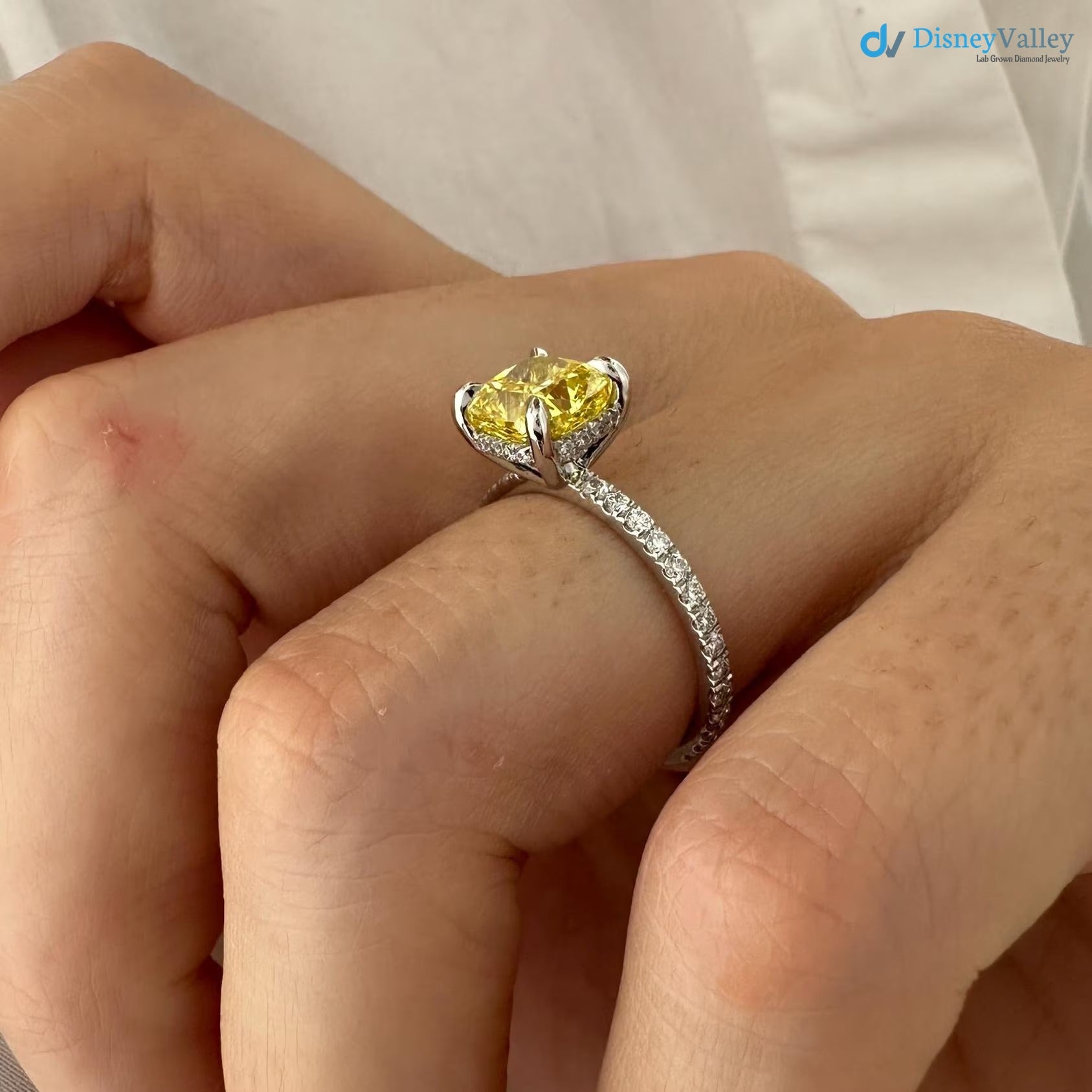 2 Carat Cushion Fancy Yellow Lab Grown Diamond Engagement Ring - DisneyValley 