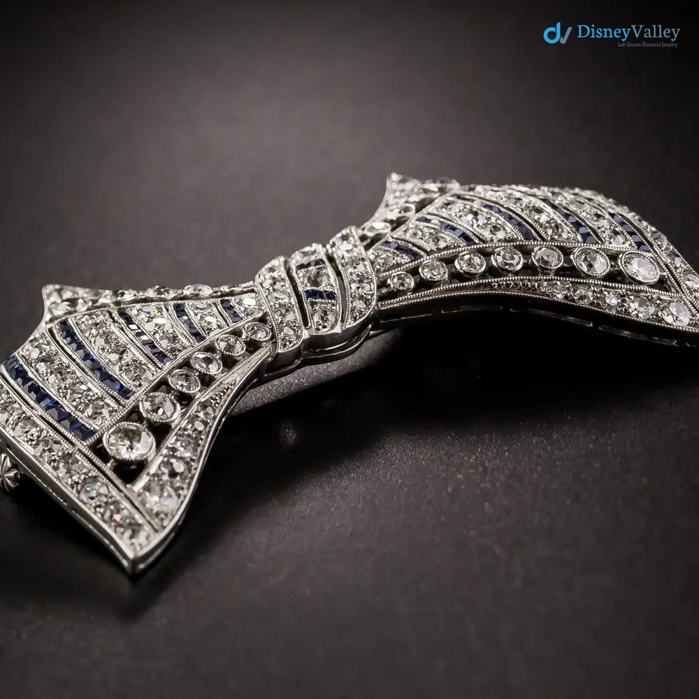 Art Deco Diamond and Calibre Sapphire 925 sterling silver Bow Pin